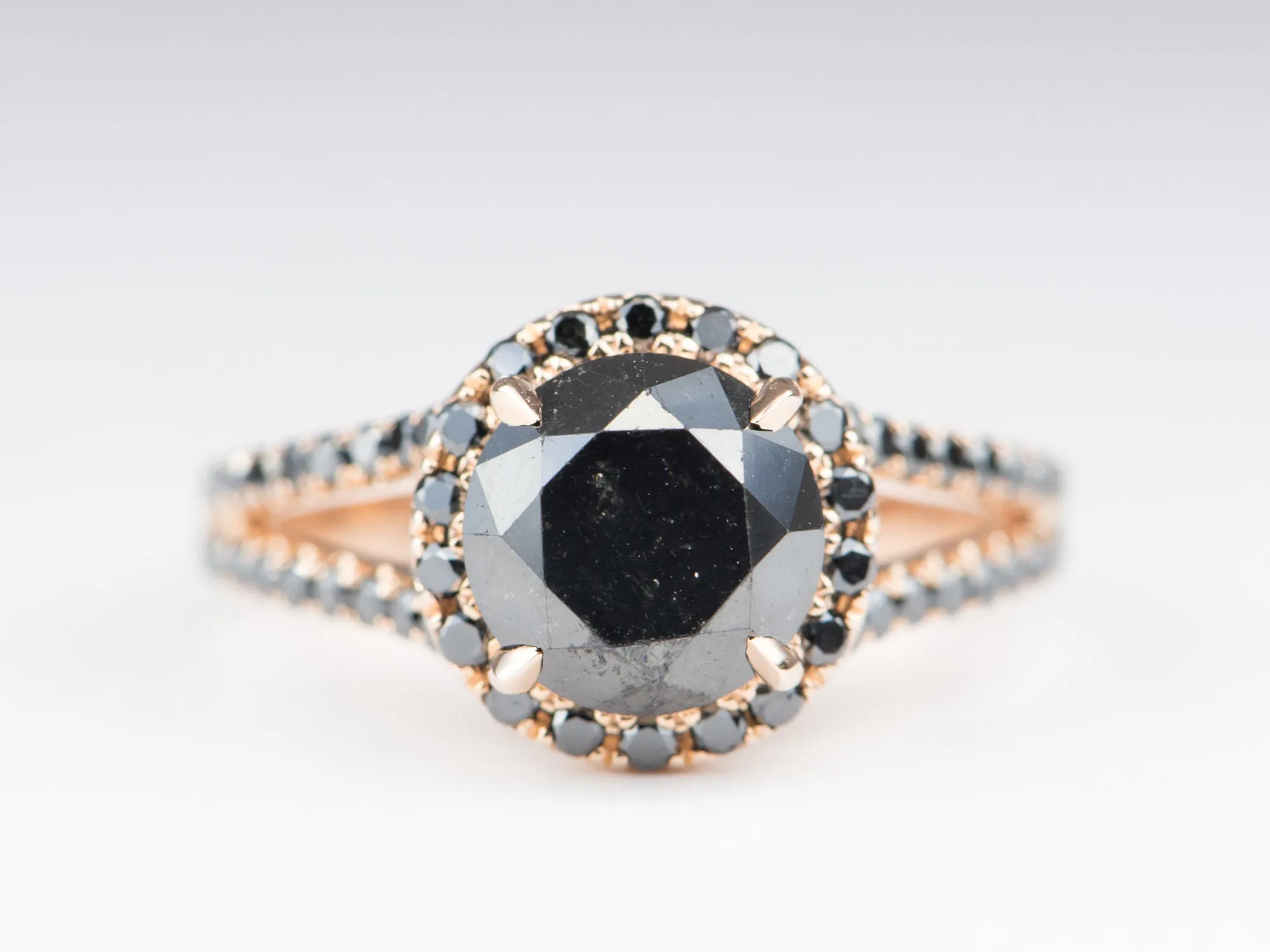 2.96ct Round Black Diamond Halo and Pave Band 14K Gold Engagement Ring R6336