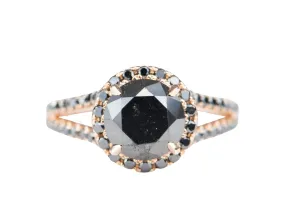 2.96ct Round Black Diamond Halo and Pave Band 14K Gold Engagement Ring R6336