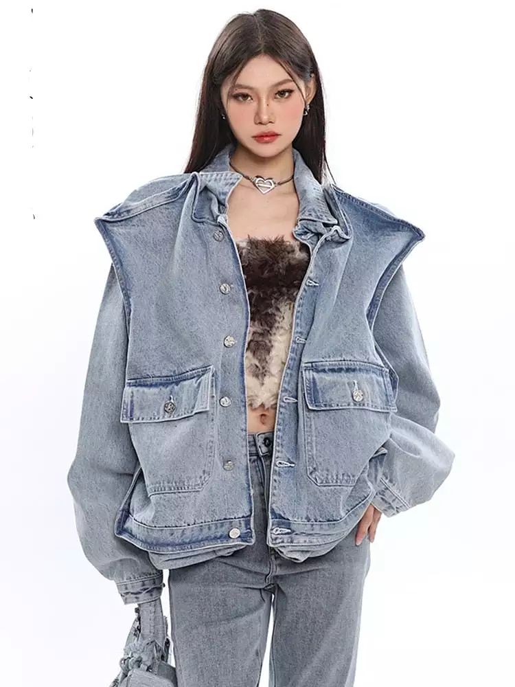 3D Shoulder INNOVATIVE Denim Jacket Oversize Long Sleeve Cool Coat For Women