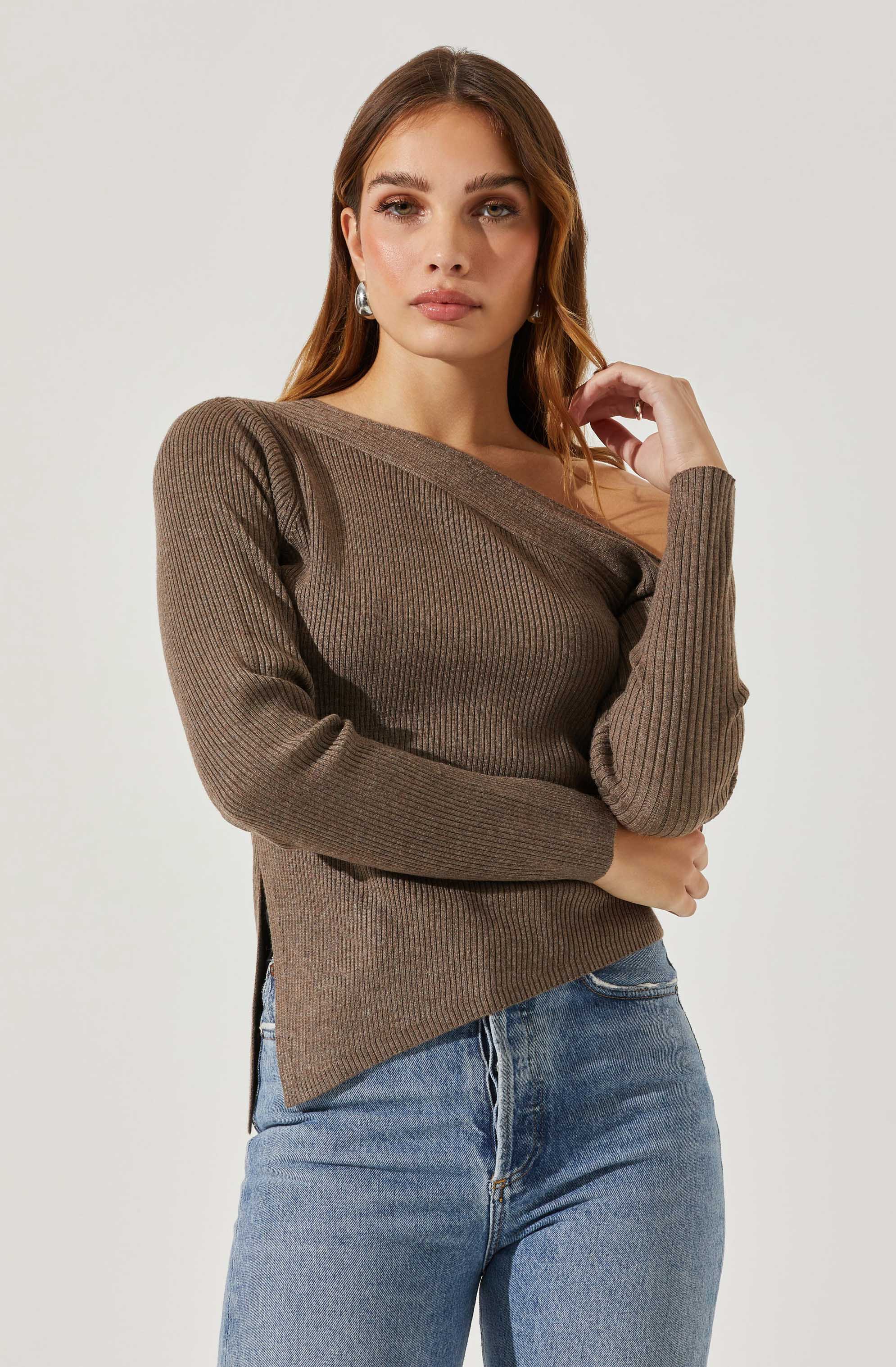 Aldari Off Shoulder Ribbed Knit Sweater