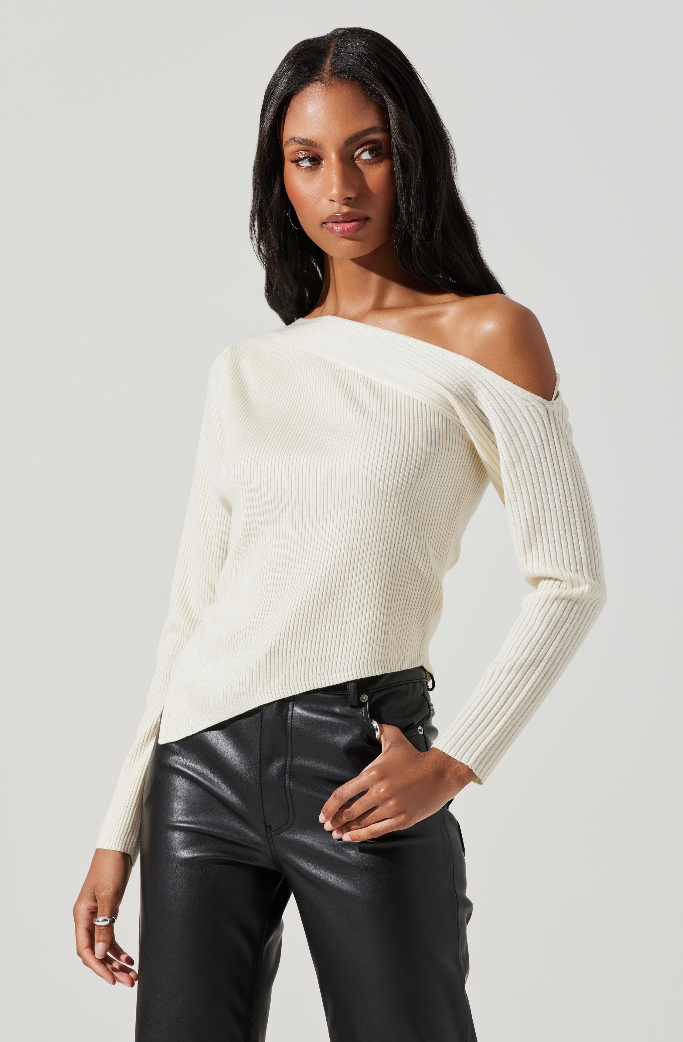 Aldari Off Shoulder Ribbed Knit Sweater