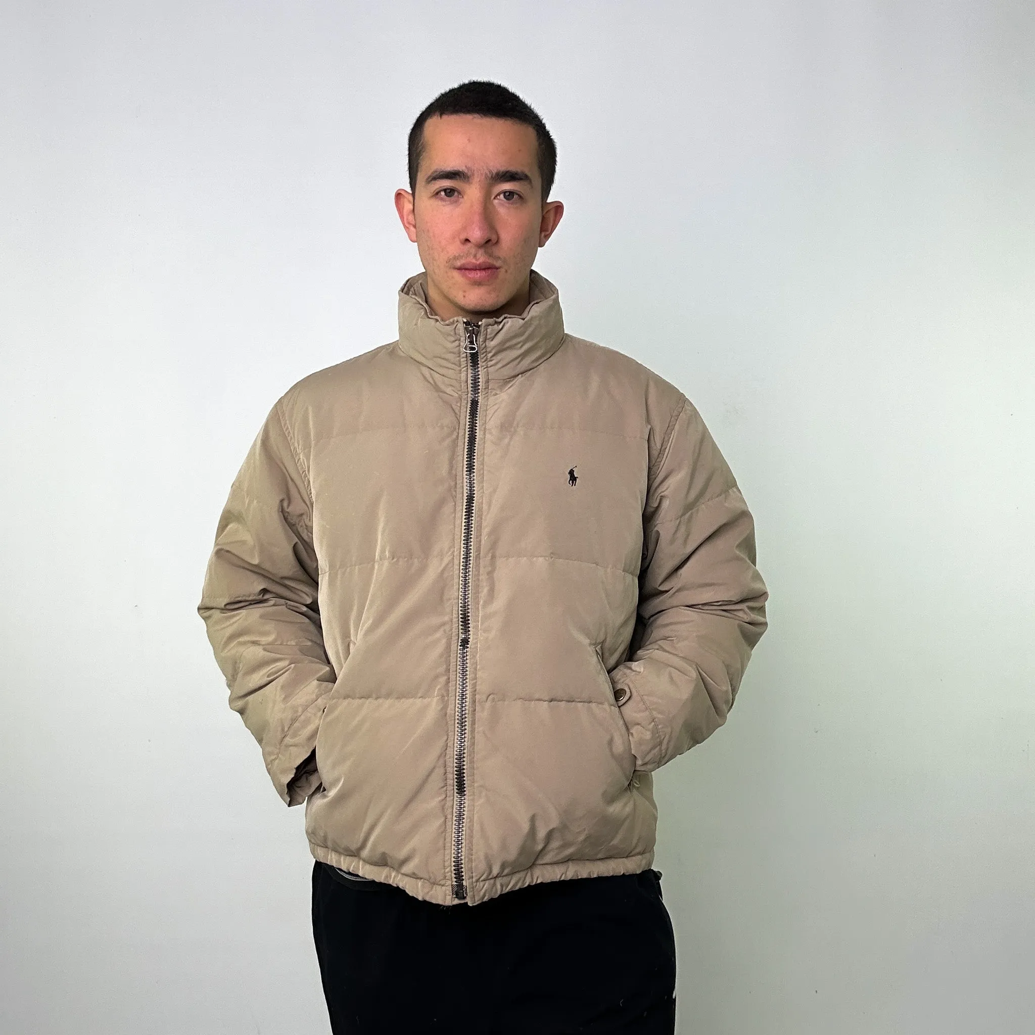 Beige Tan 90s Polo Ralph Lauren Puffer Jacket Coat (XL)