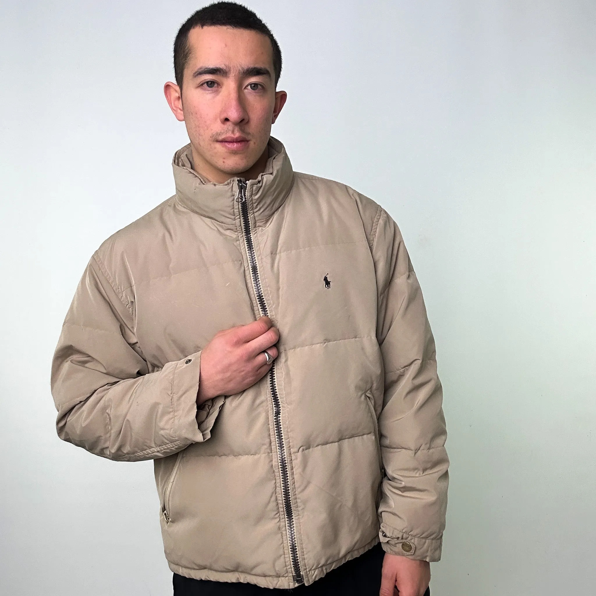 Beige Tan 90s Polo Ralph Lauren Puffer Jacket Coat (XL)