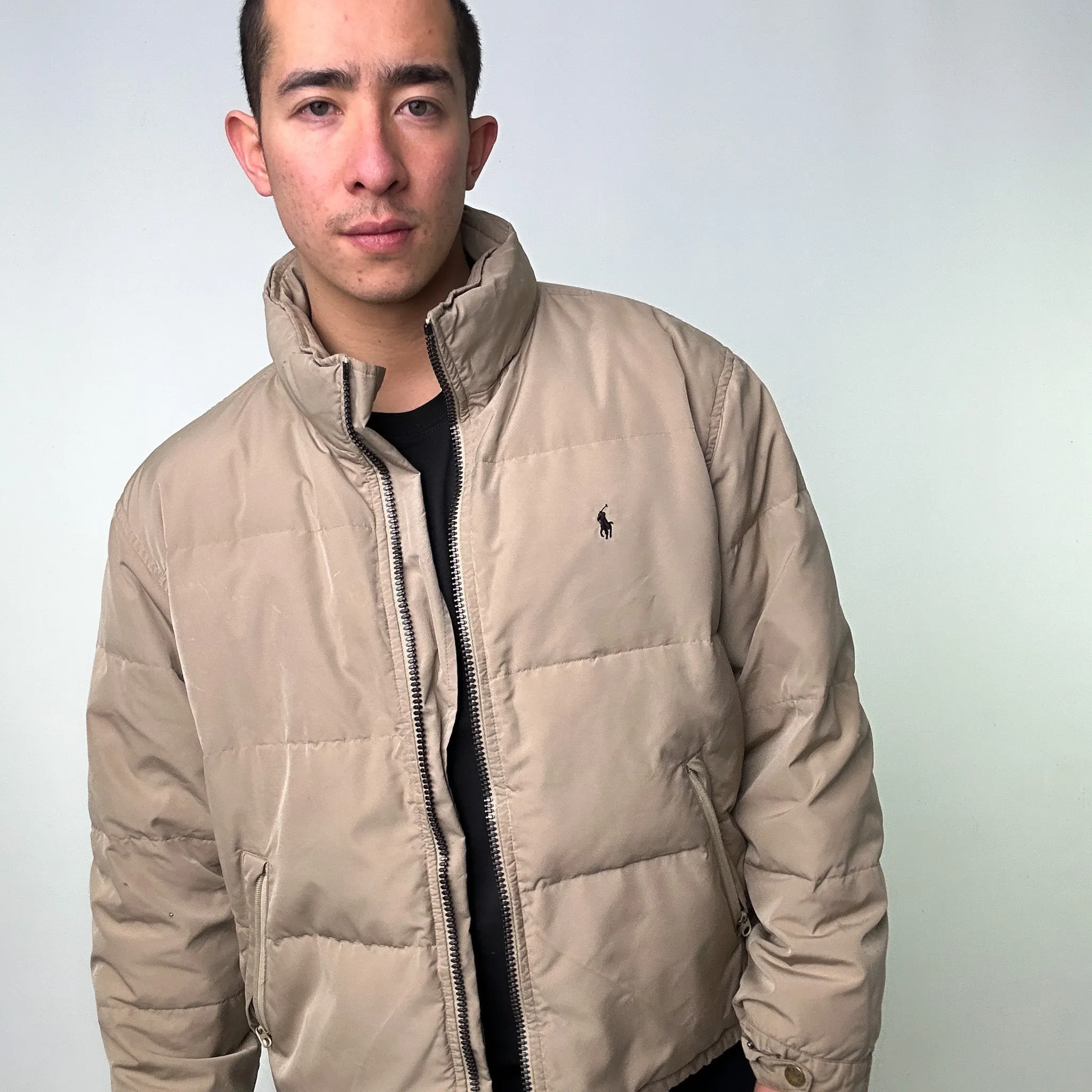 Beige Tan 90s Polo Ralph Lauren Puffer Jacket Coat (XL)