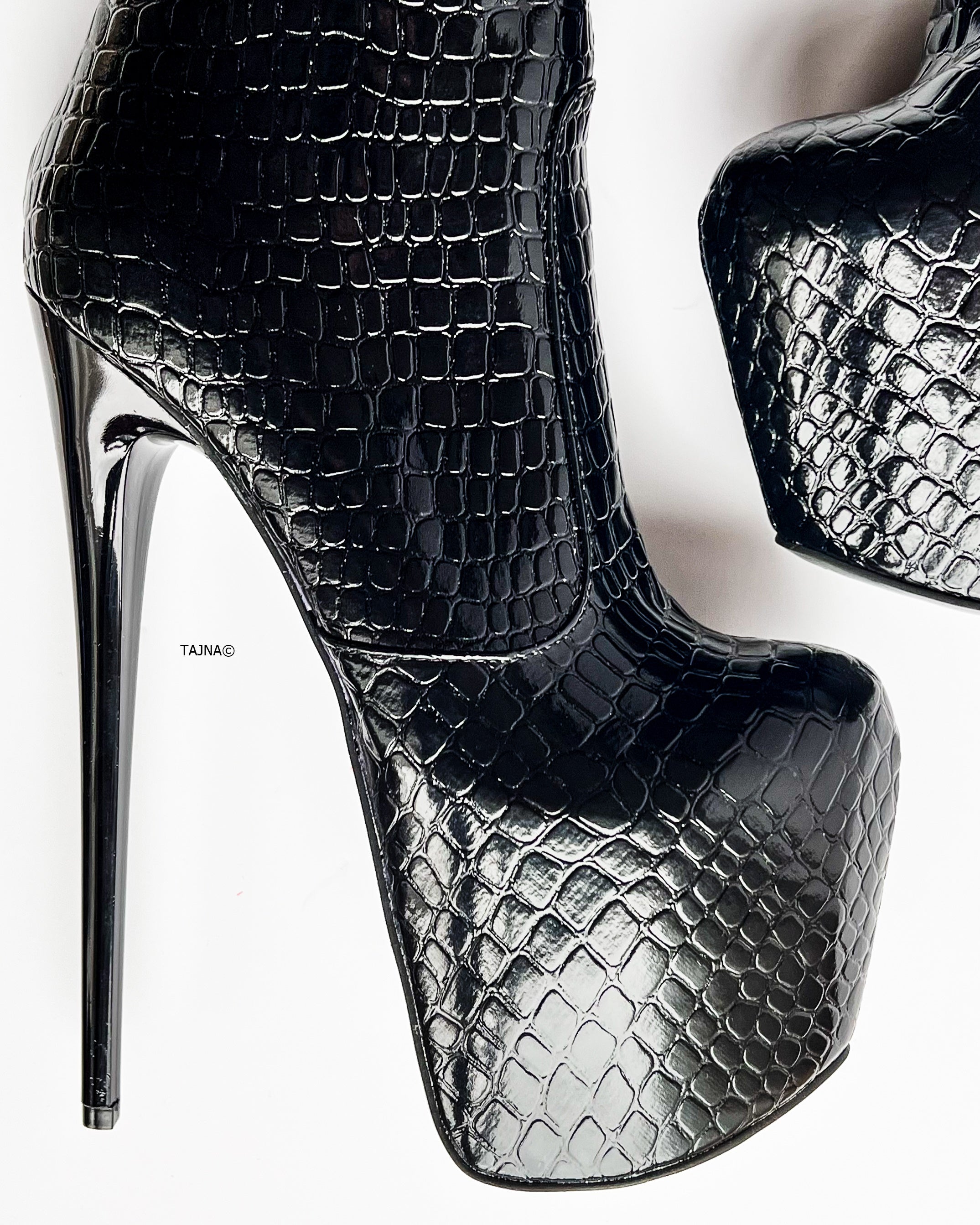 Black Croco Mid Calf High Heel Boots  Tajna Club