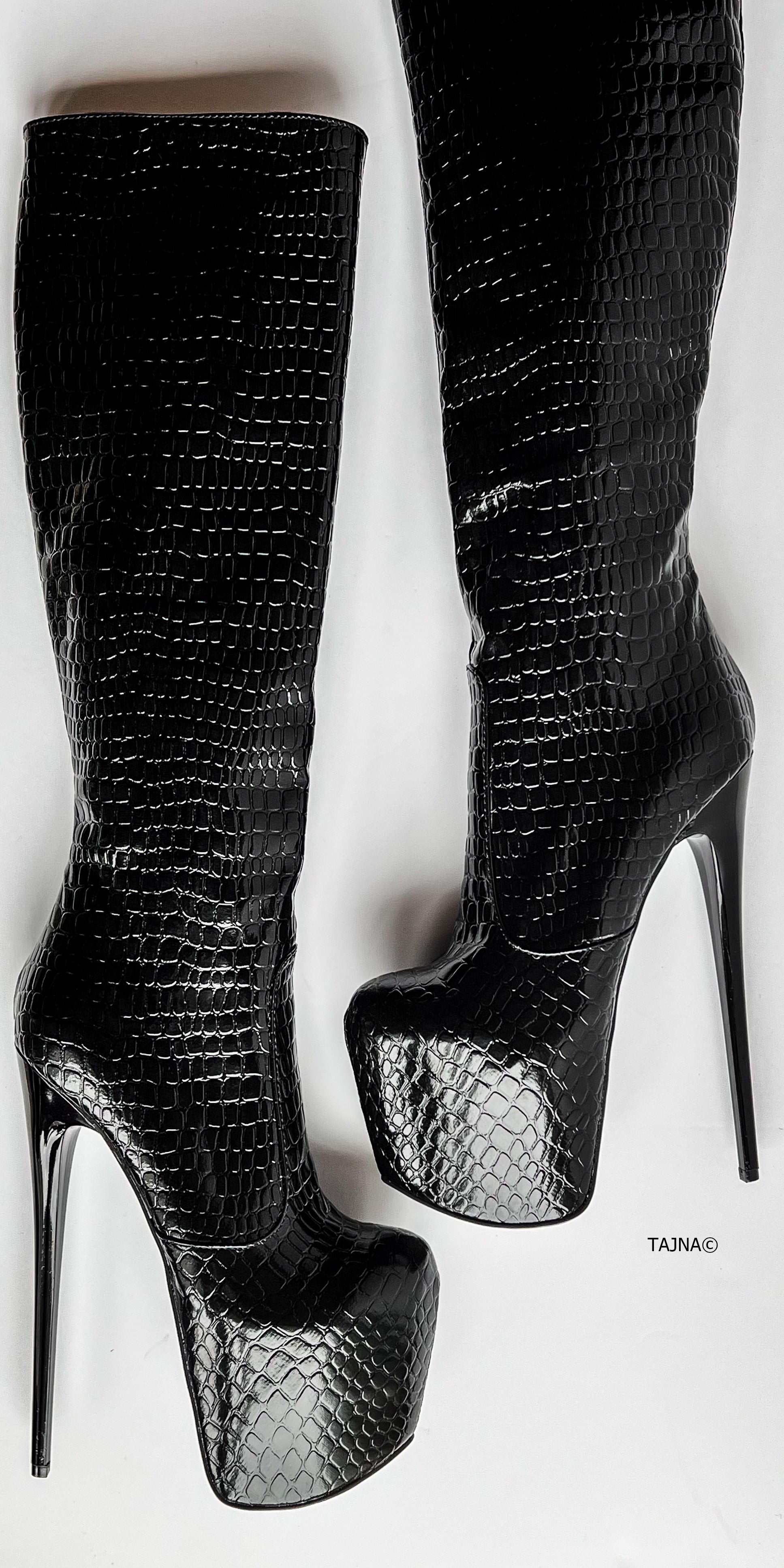 Black Croco Mid Calf High Heel Boots  Tajna Club