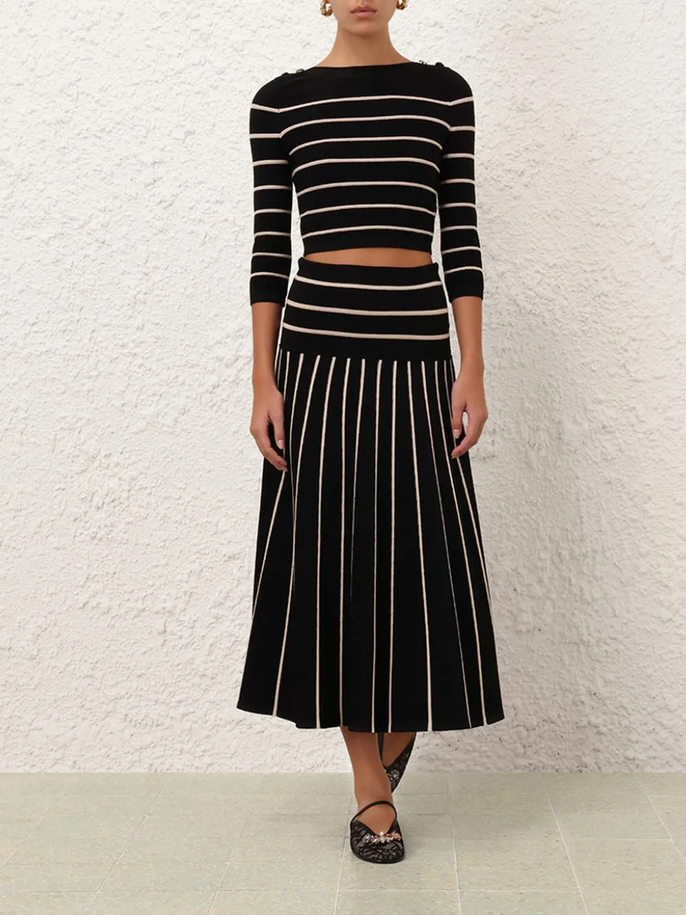 Black Crush Stripe Midi Skirt