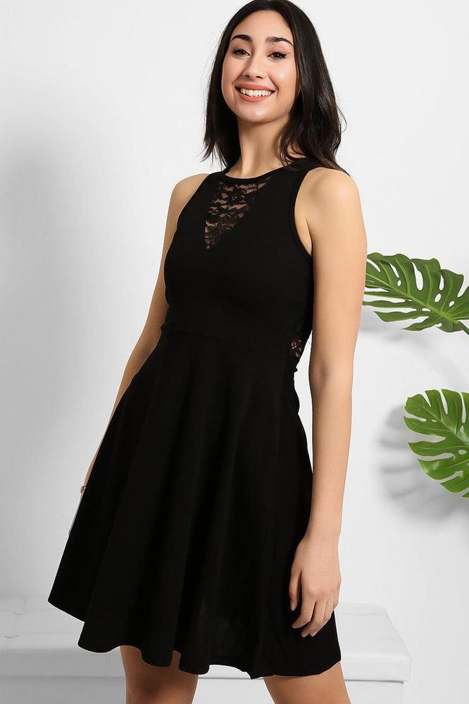 Black Lace Details Sleeveless Skater Dress