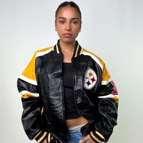 Black Vintage NFL Steelers Varsity Leather Jacket Coat (XL)