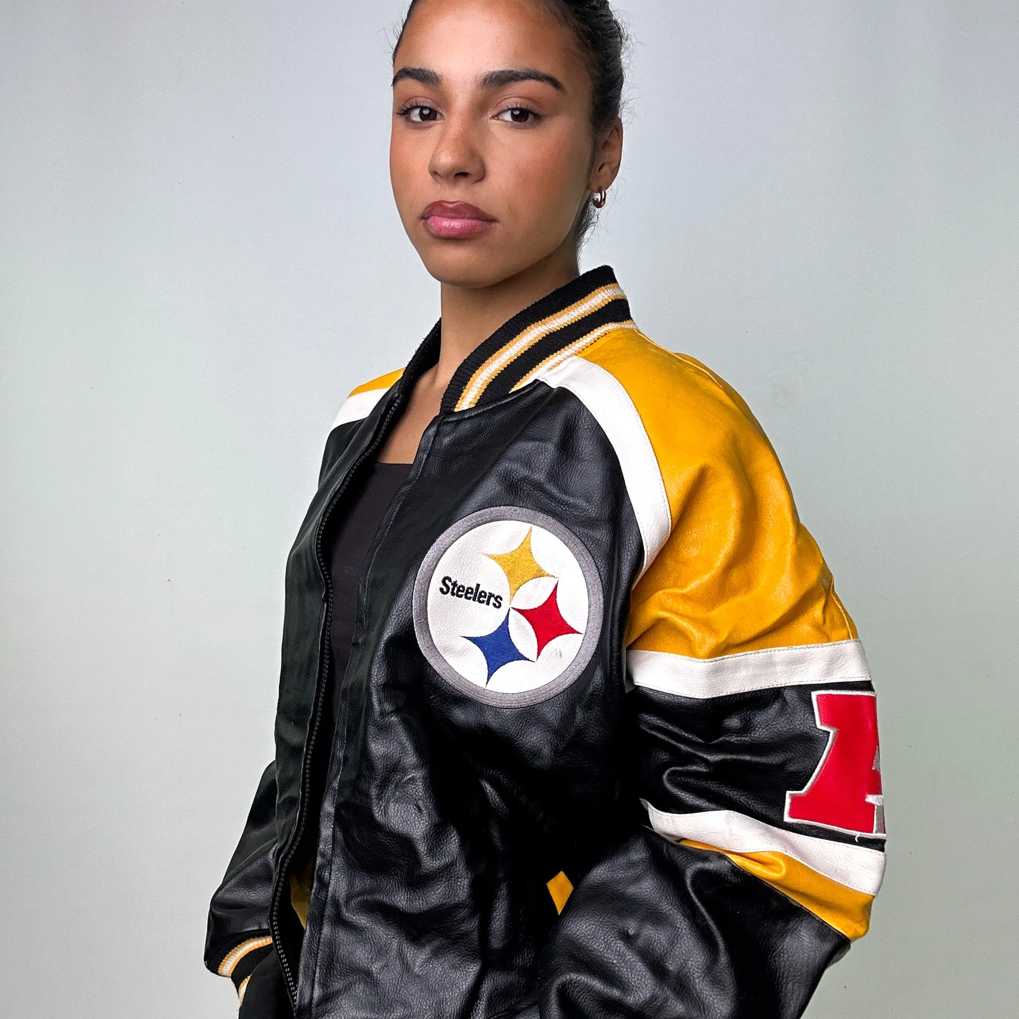 Black Vintage NFL Steelers Varsity Leather Jacket Coat (XL)