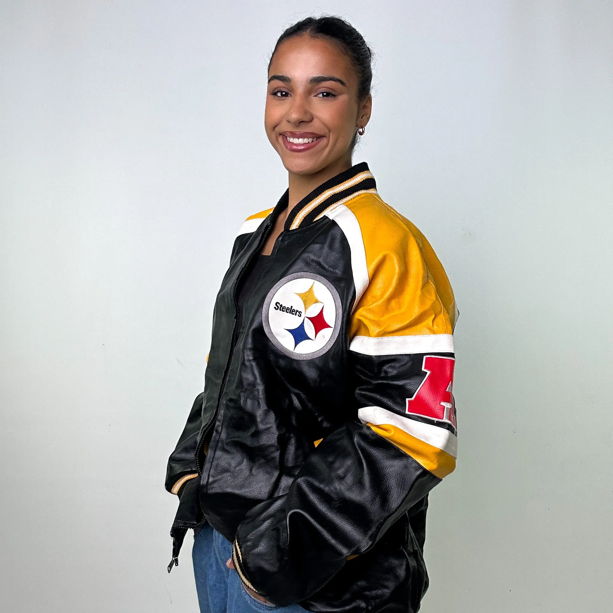 Black Vintage NFL Steelers Varsity Leather Jacket Coat (XL)