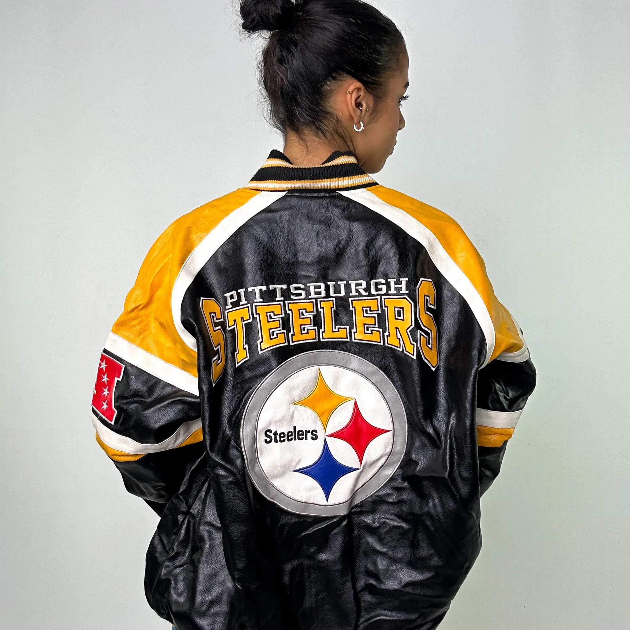 Black Vintage NFL Steelers Varsity Leather Jacket Coat (XL)