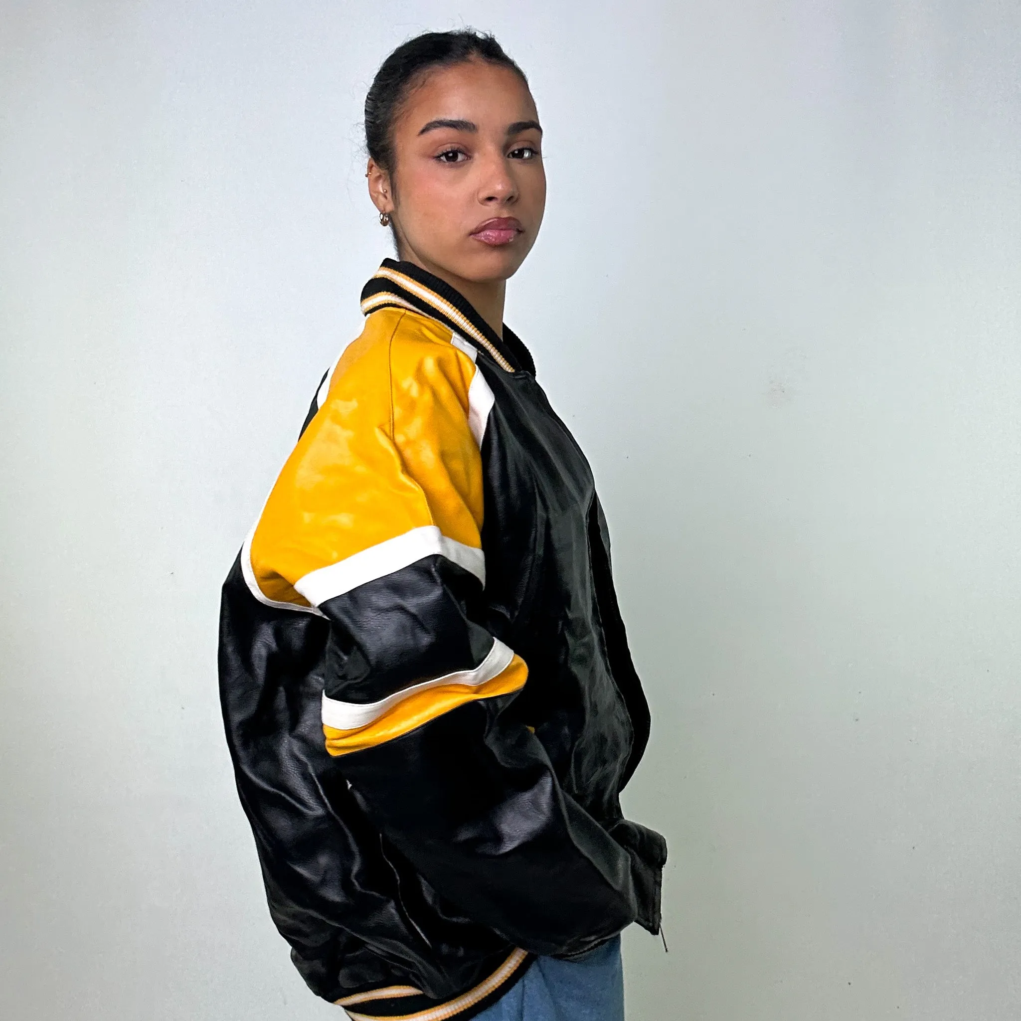 Black Vintage NFL Steelers Varsity Leather Jacket Coat (XL)