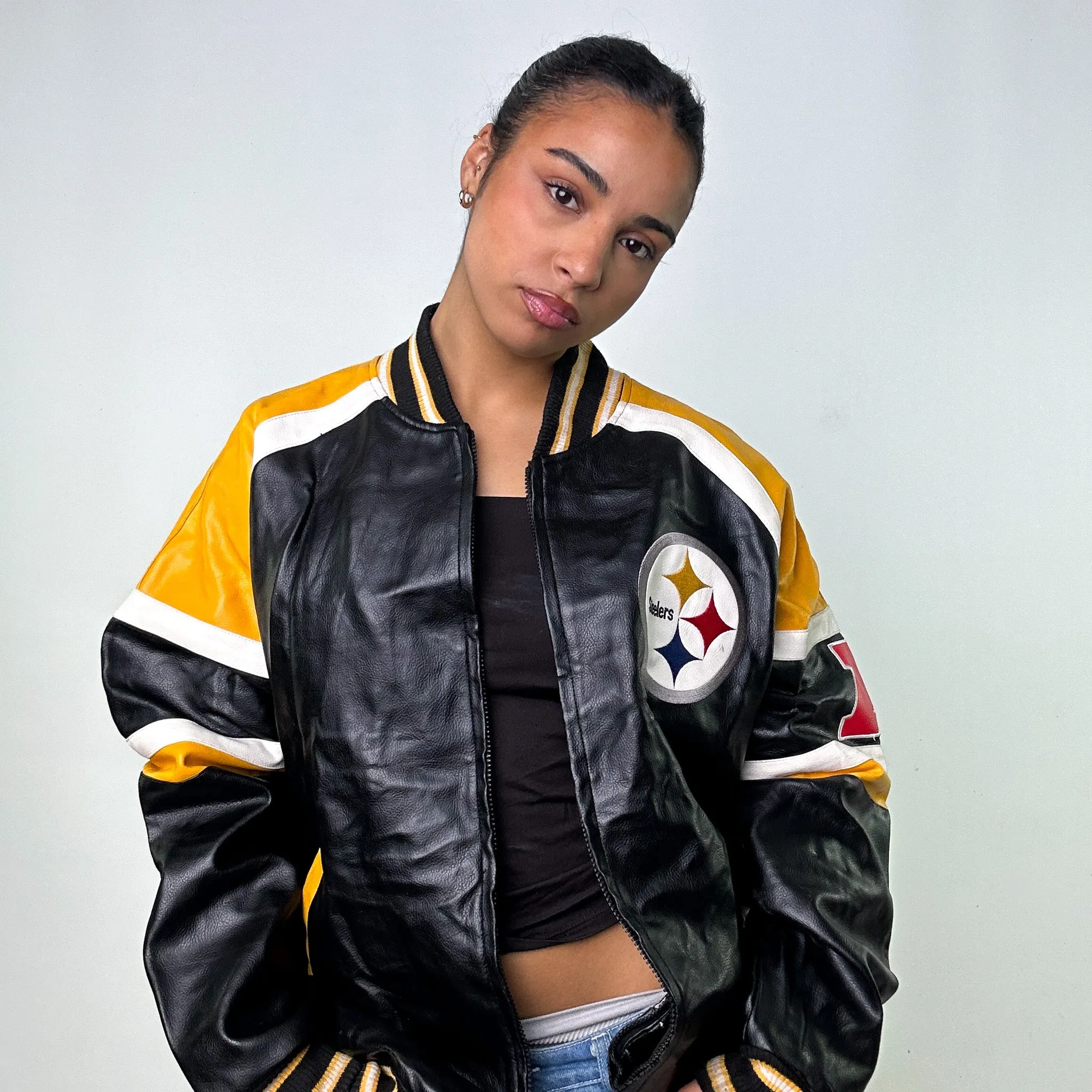 Black Vintage NFL Steelers Varsity Leather Jacket Coat (XL)