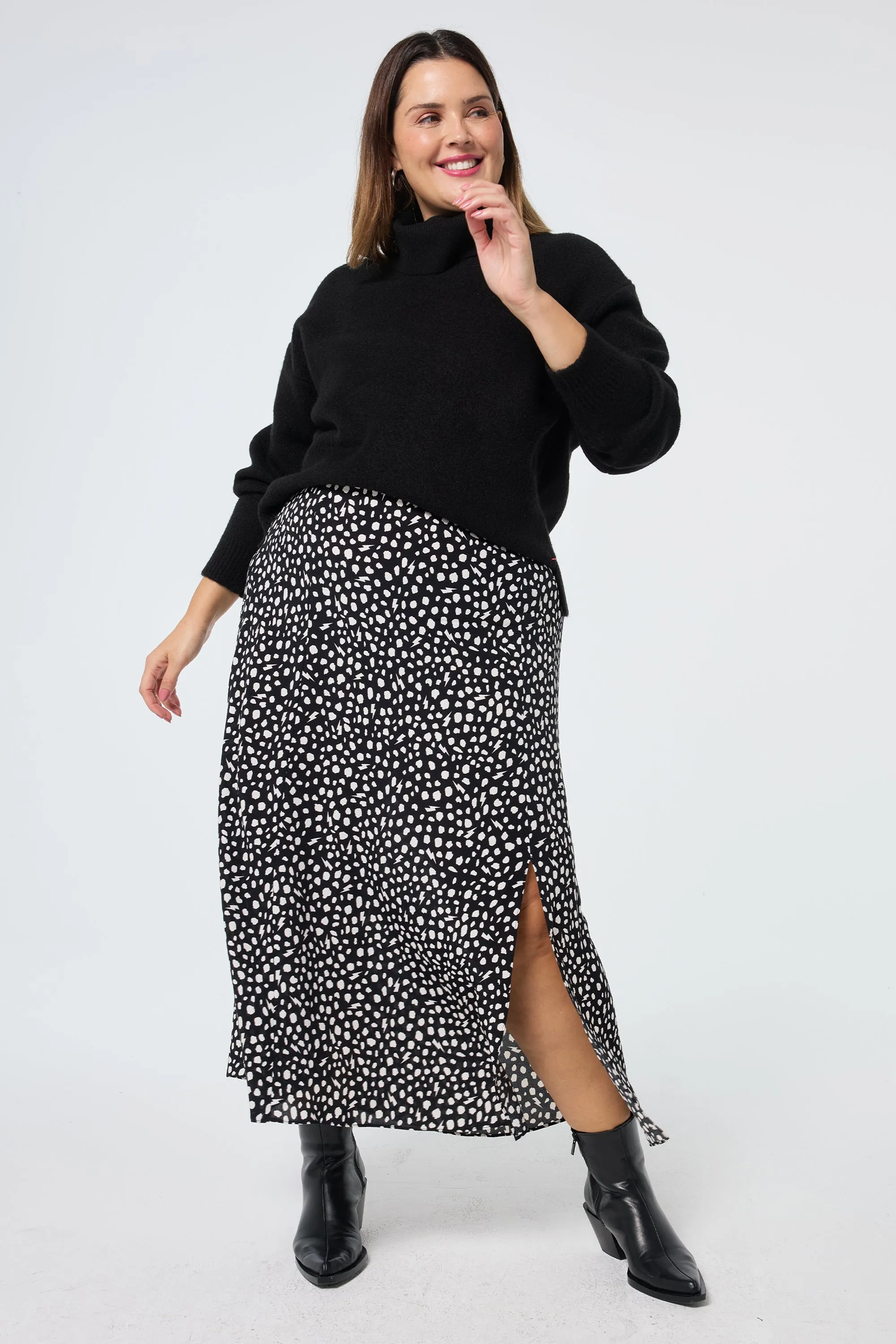 Black with White Cheetah Side Split Skirt