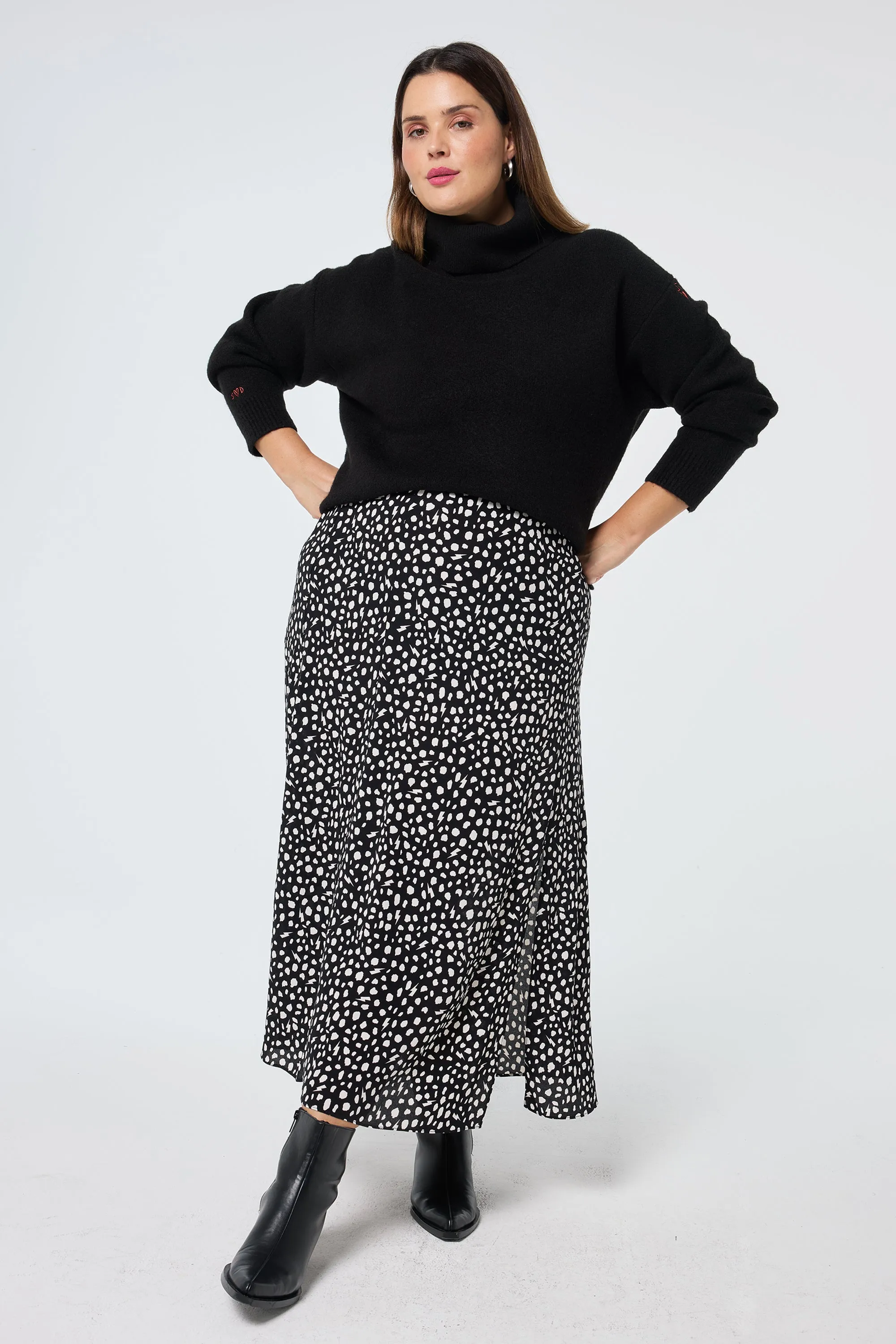 Black with White Cheetah Side Split Skirt