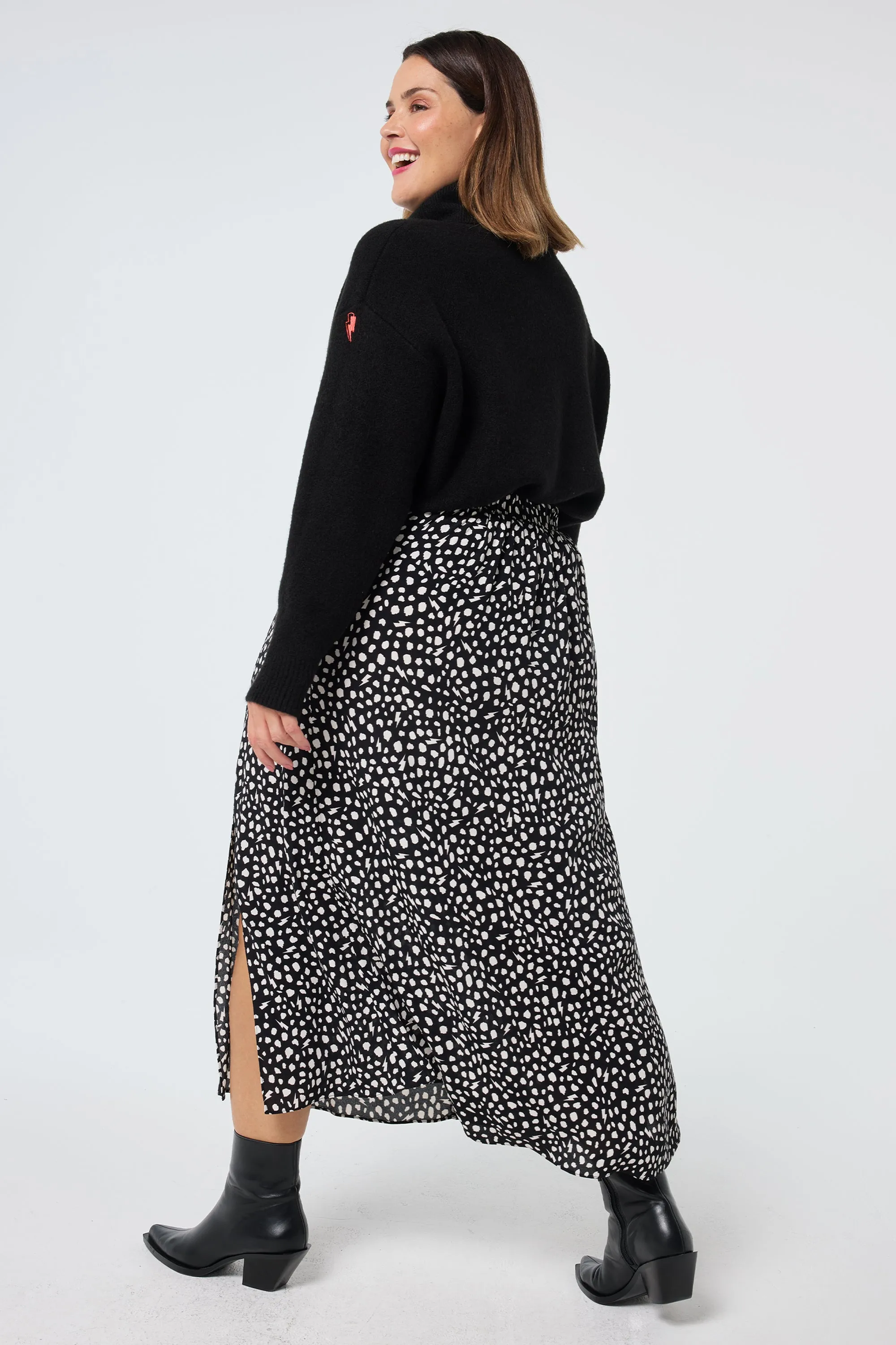 Black with White Cheetah Side Split Skirt