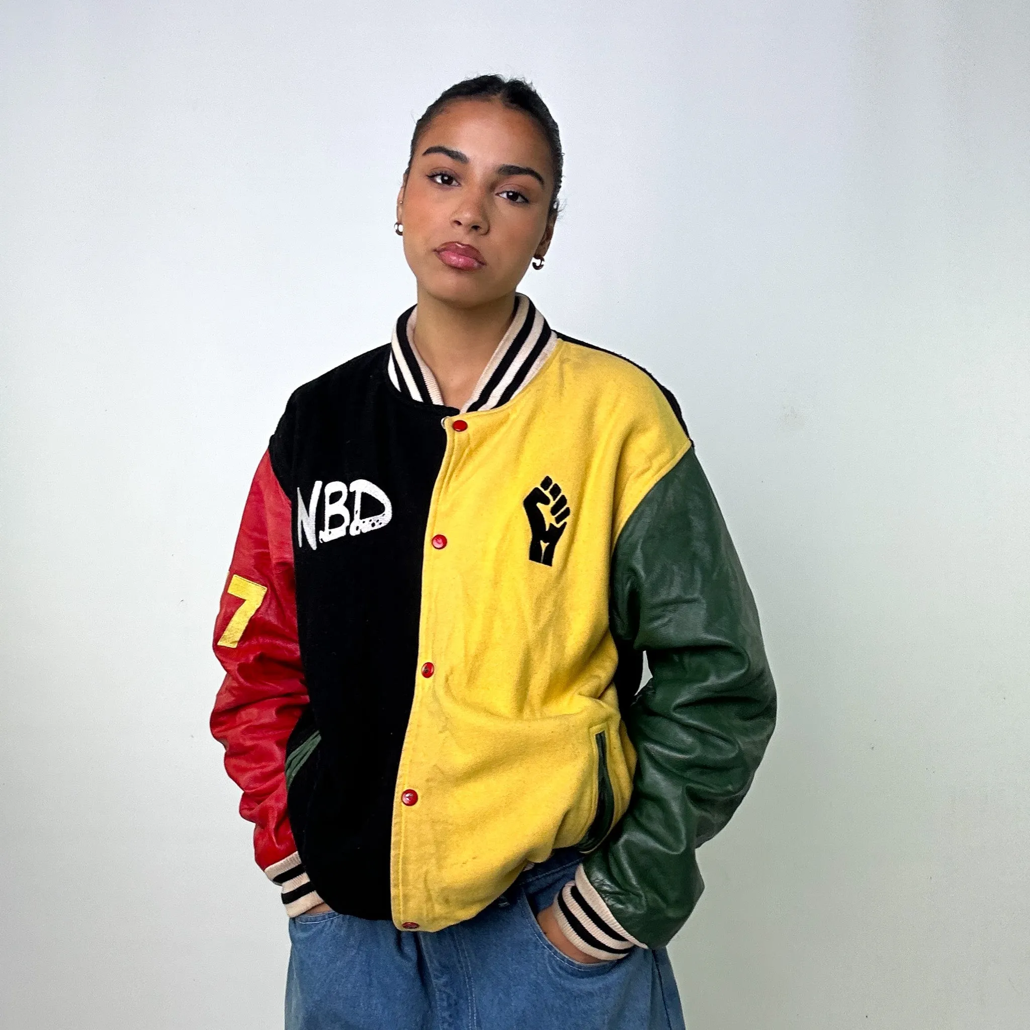 Black Yellow Red Green  Vintage Varsity Jacket Coat (XL)