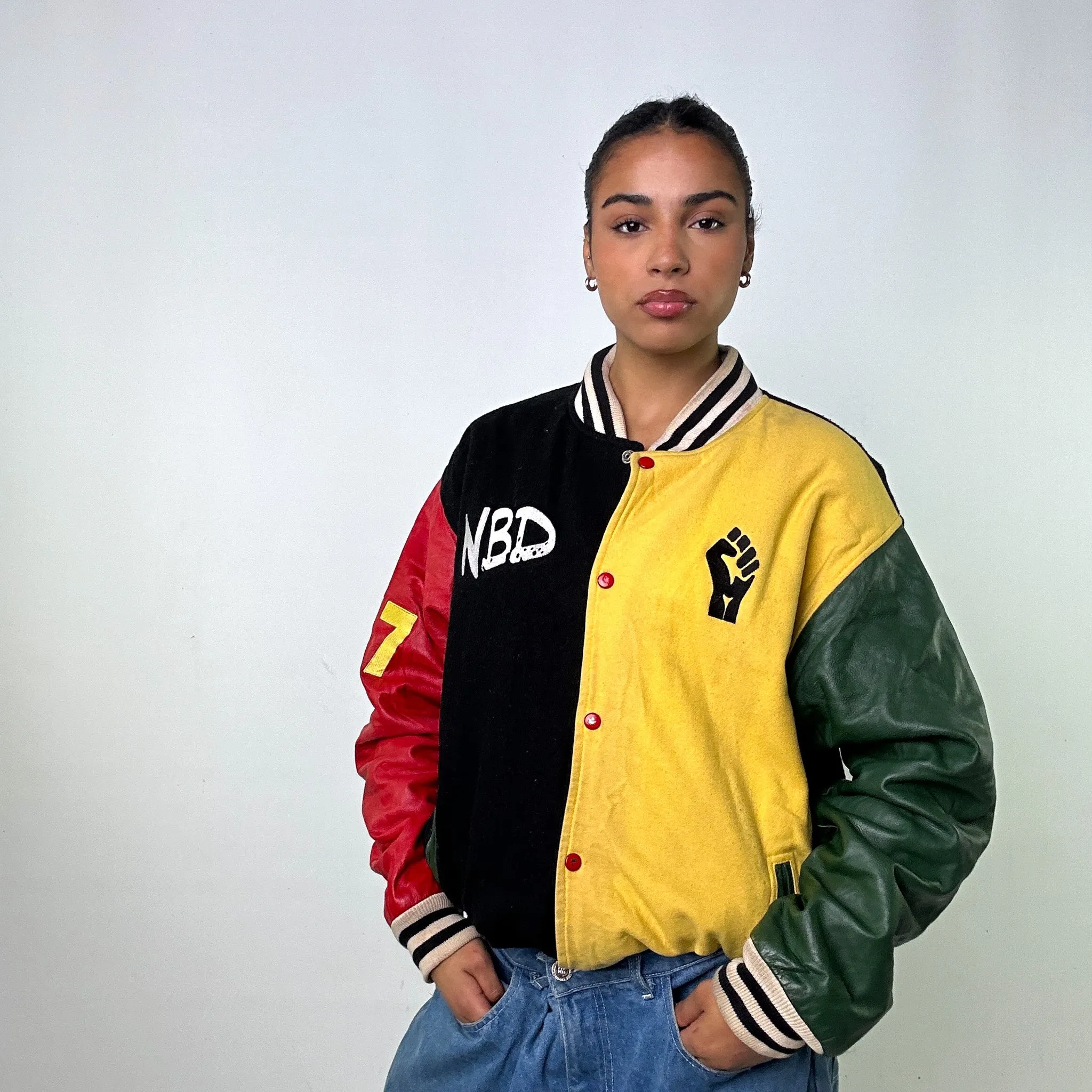 Black Yellow Red Green  Vintage Varsity Jacket Coat (XL)