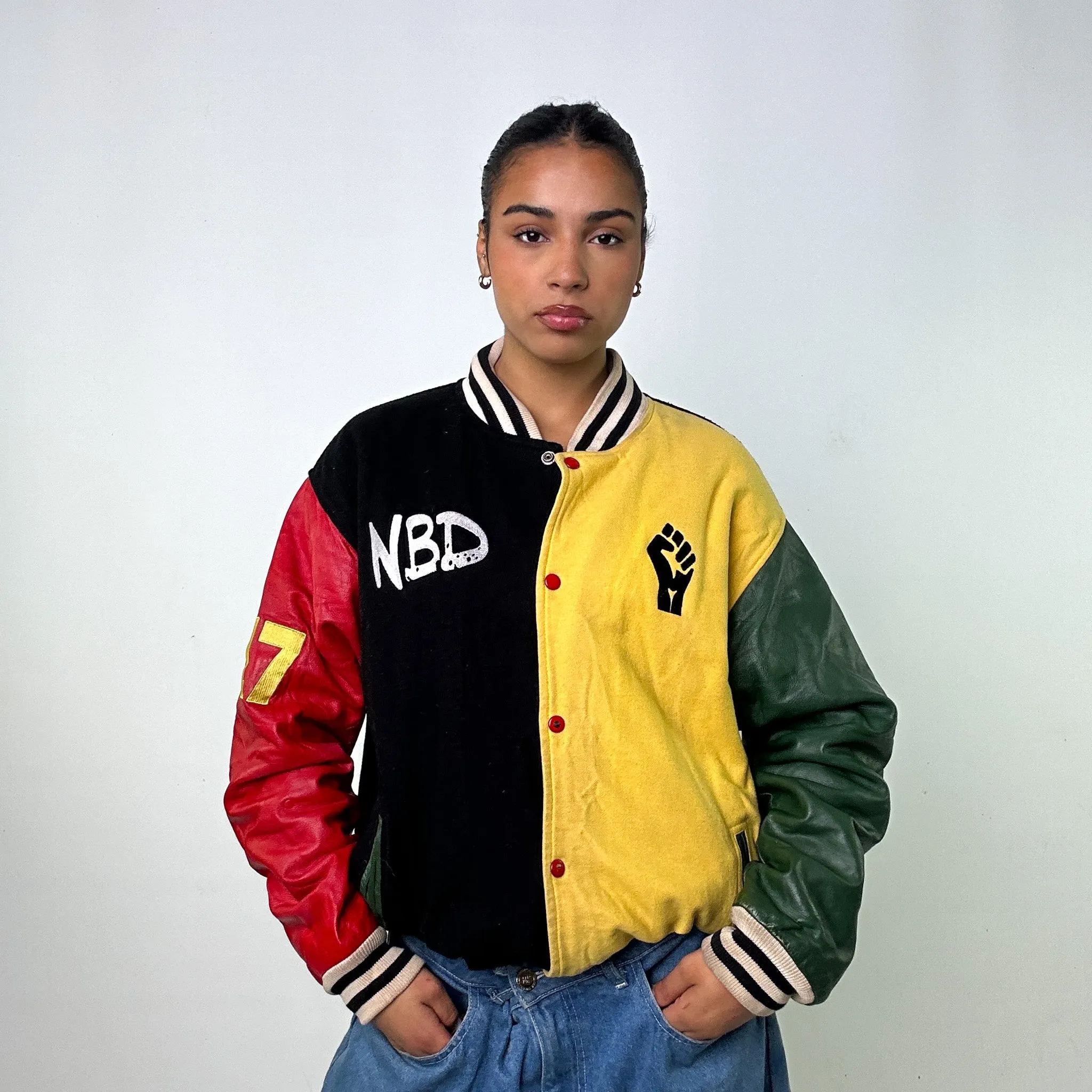 Black Yellow Red Green  Vintage Varsity Jacket Coat (XL)