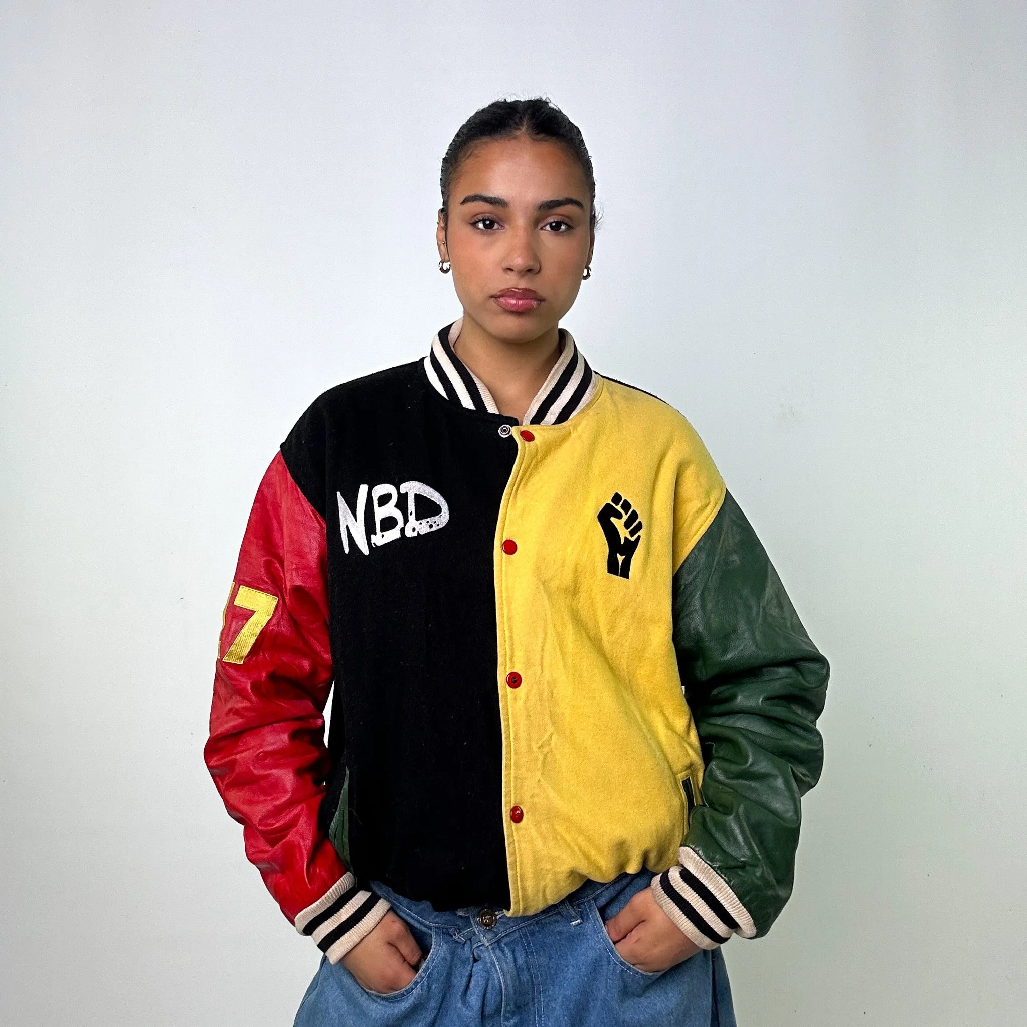 Black Yellow Red Green  Vintage Varsity Jacket Coat (XL)