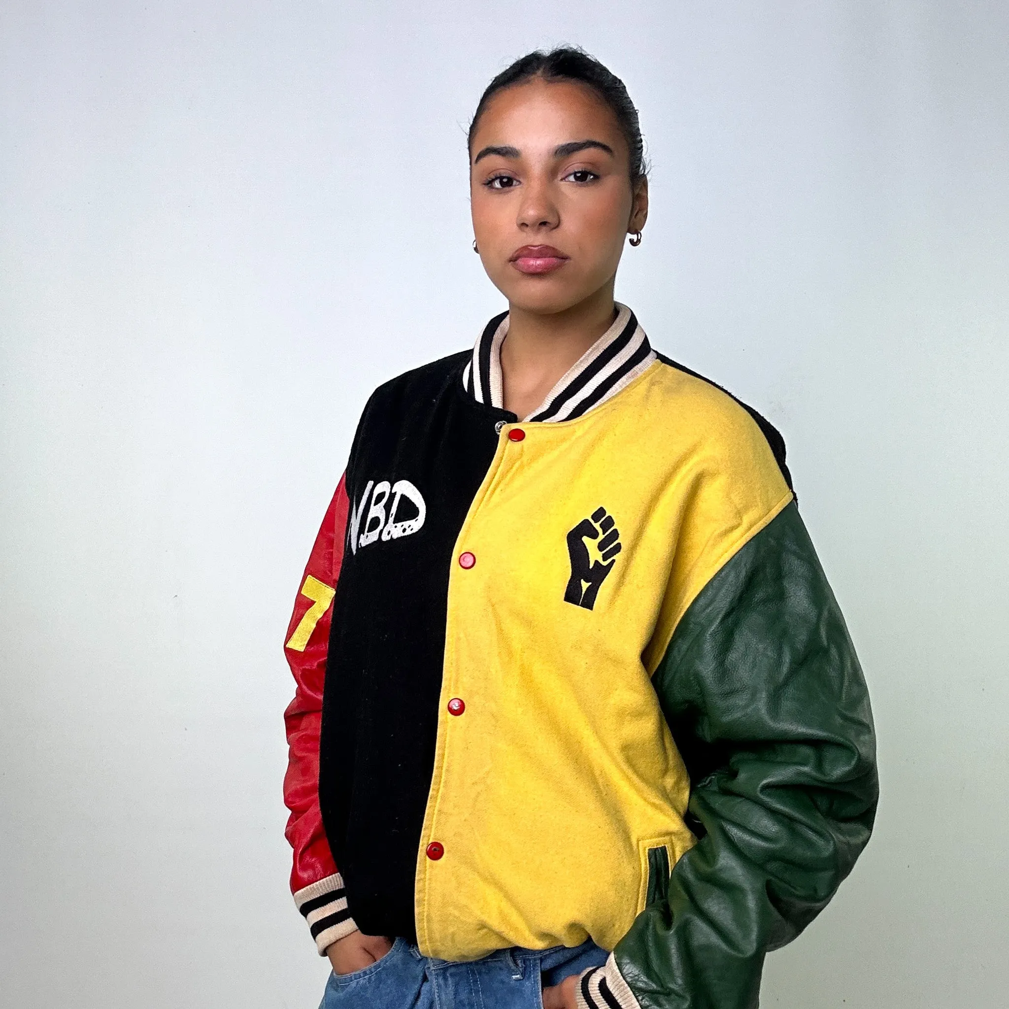 Black Yellow Red Green  Vintage Varsity Jacket Coat (XL)