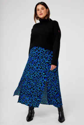 Blue with Green and Black Shadow Leopard Split Front Skirt