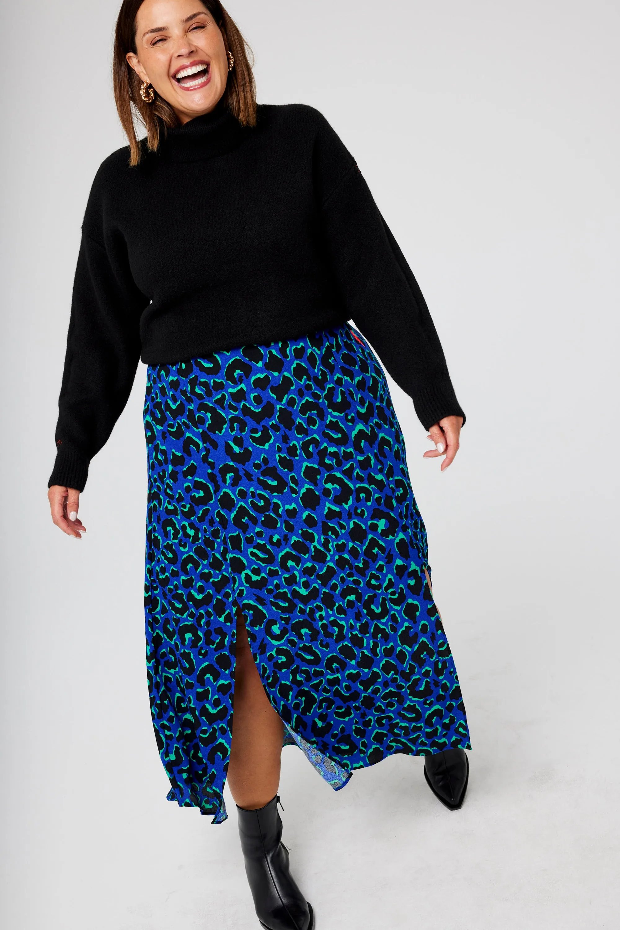 Blue with Green and Black Shadow Leopard Split Front Skirt