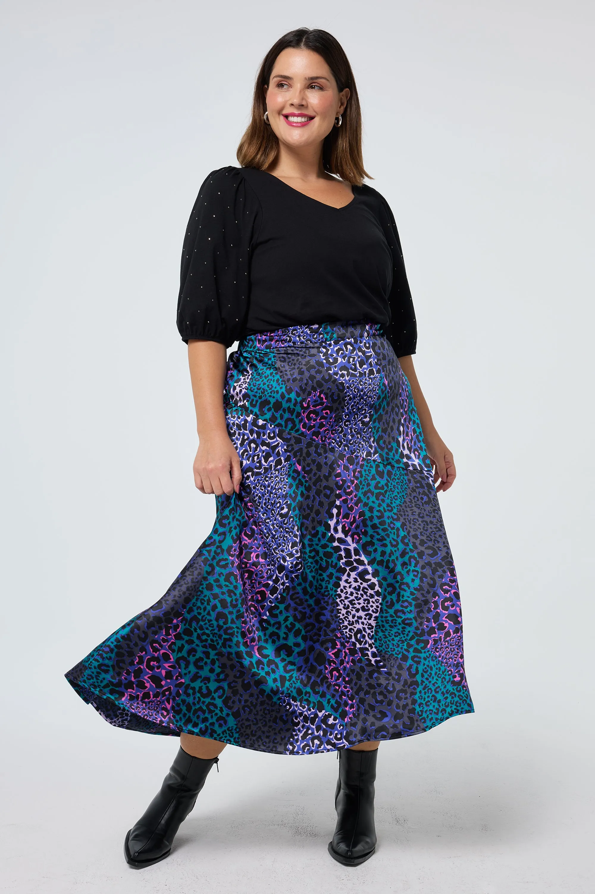 Blue with Green Spliced Leopard Satin High Low Hem Skirt