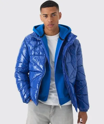 boohooMAN Mens Quilted High Shine Vinyl Funnel Neck Puffer In Blue