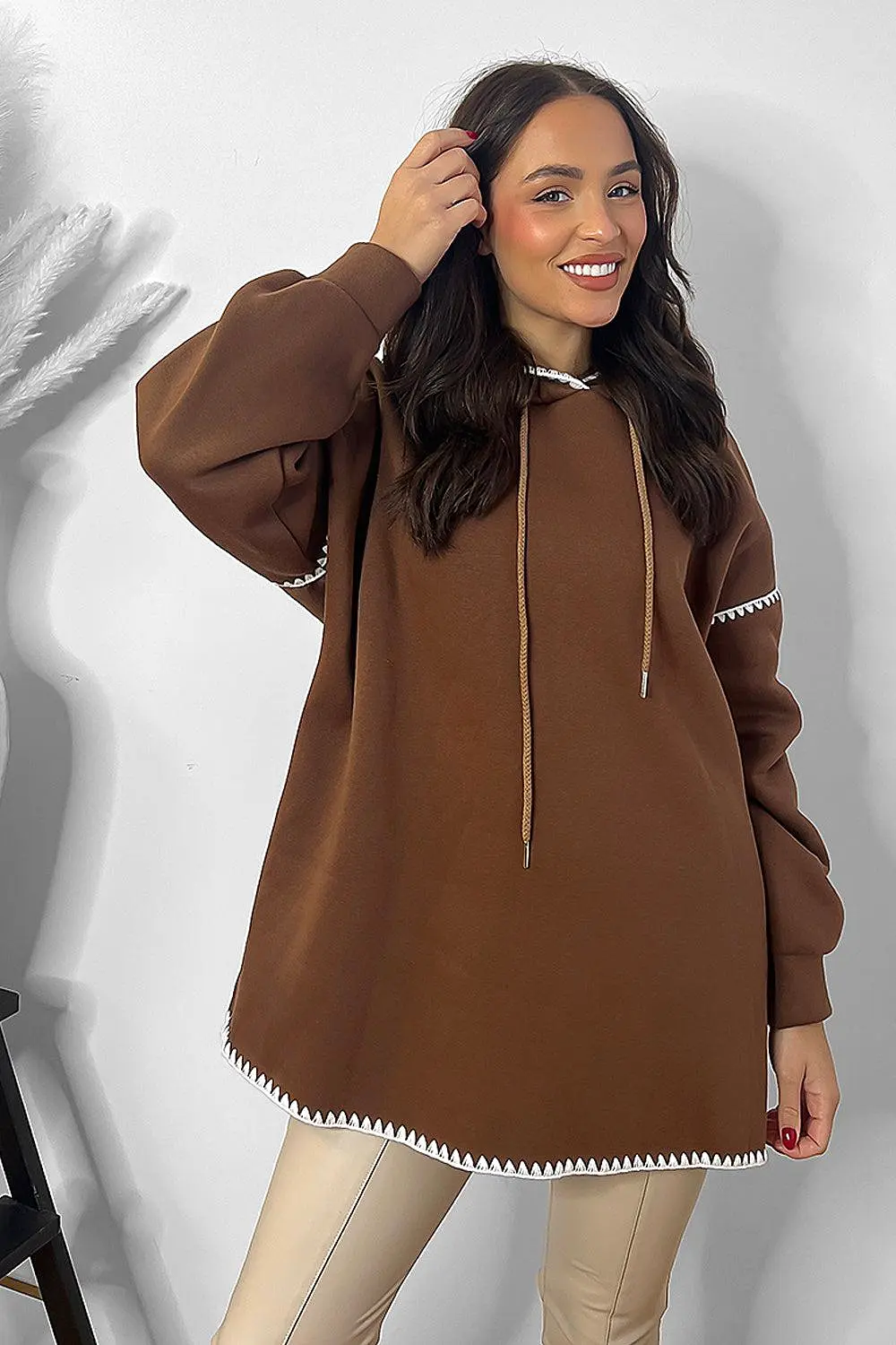 Contrast Stitch Trim Oversized Fleece Hoodie