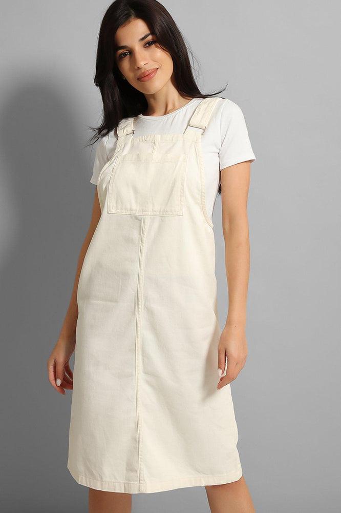 Cream Fine Denim Midi Pinafore Dress