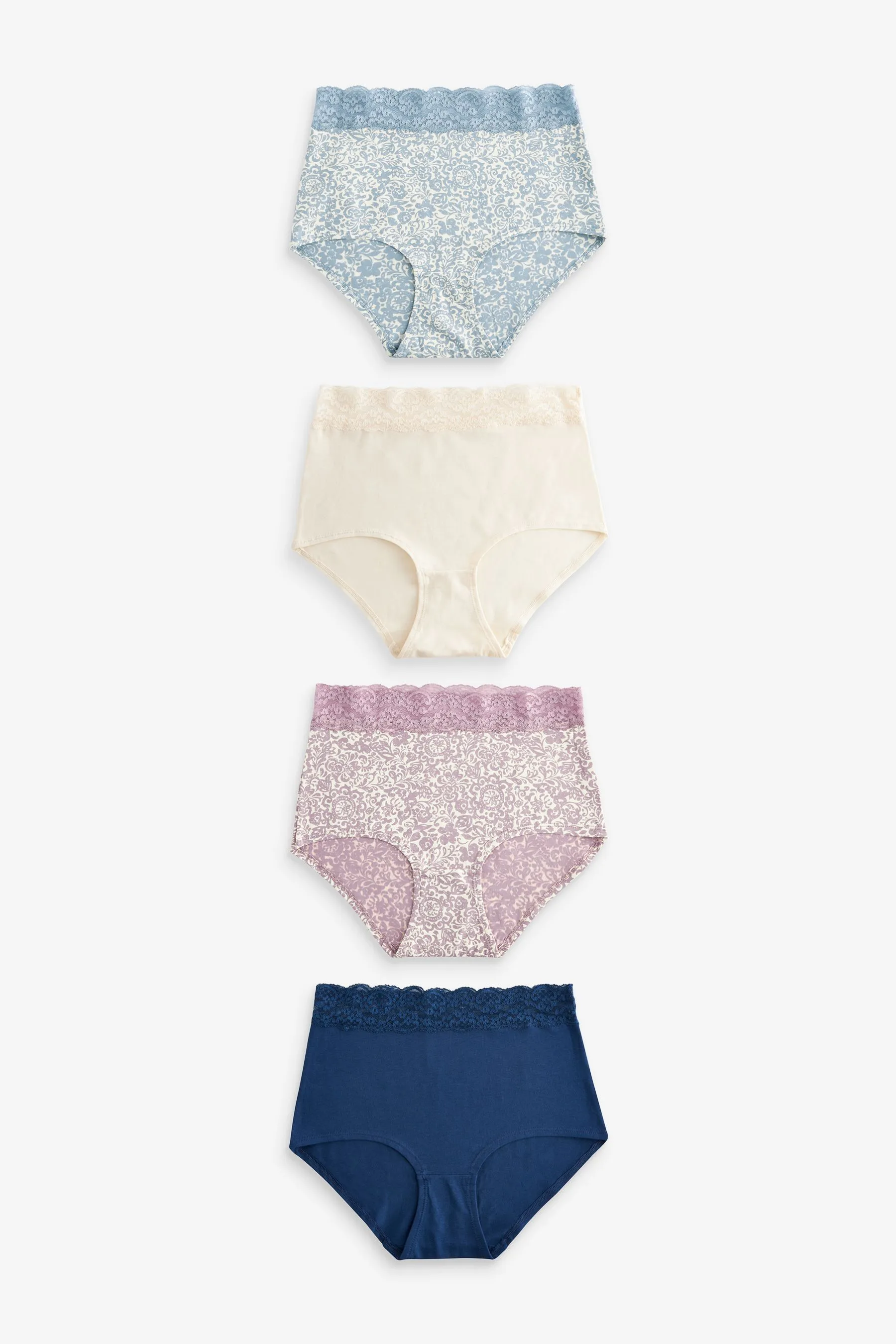 Cream/Blue Printed Full Brief Cotton and Lace Knickers 4 Pack