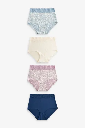 Cream/Blue Printed Full Brief Cotton and Lace Knickers 4 Pack