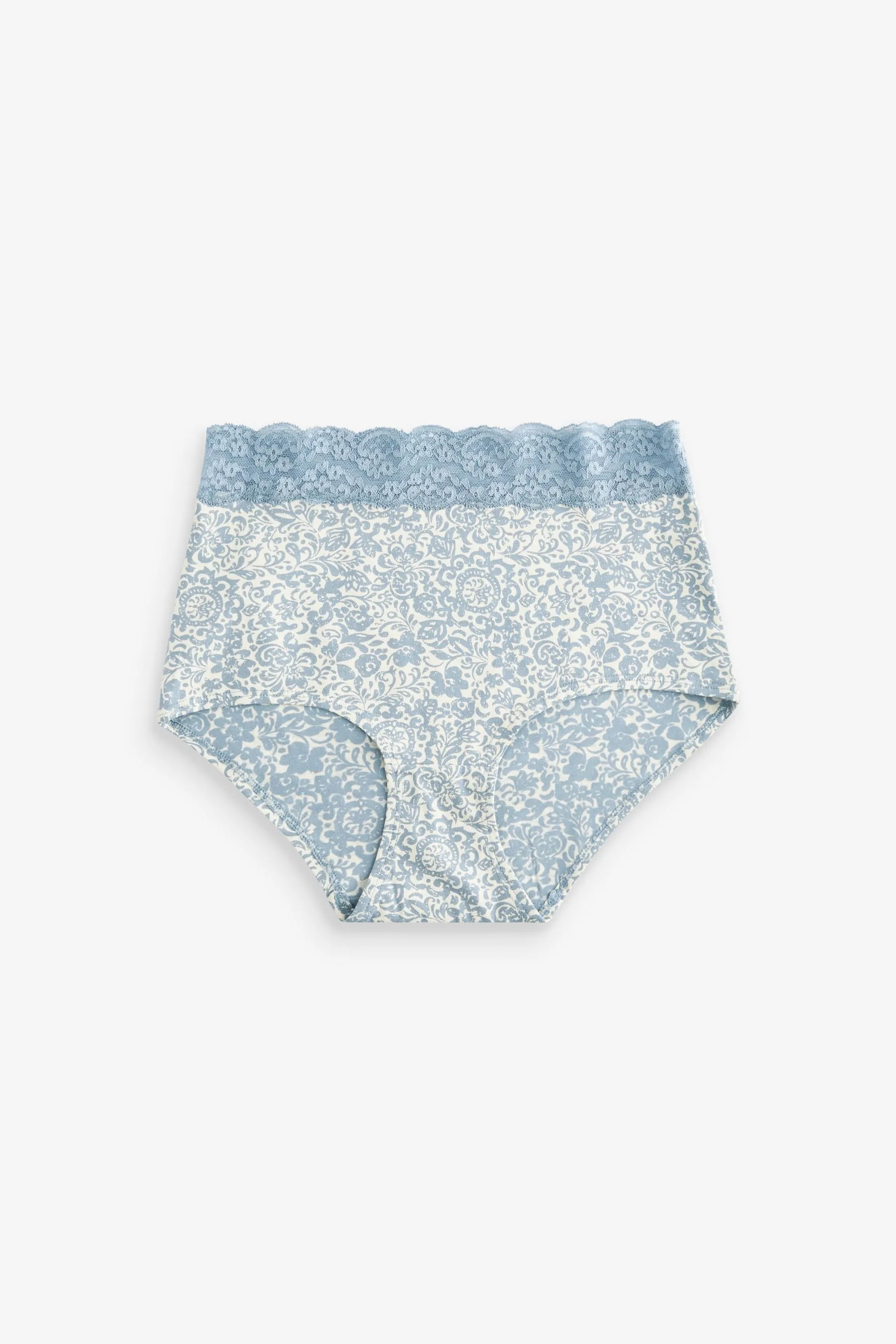 Cream/Blue Printed Full Brief Cotton and Lace Knickers 4 Pack