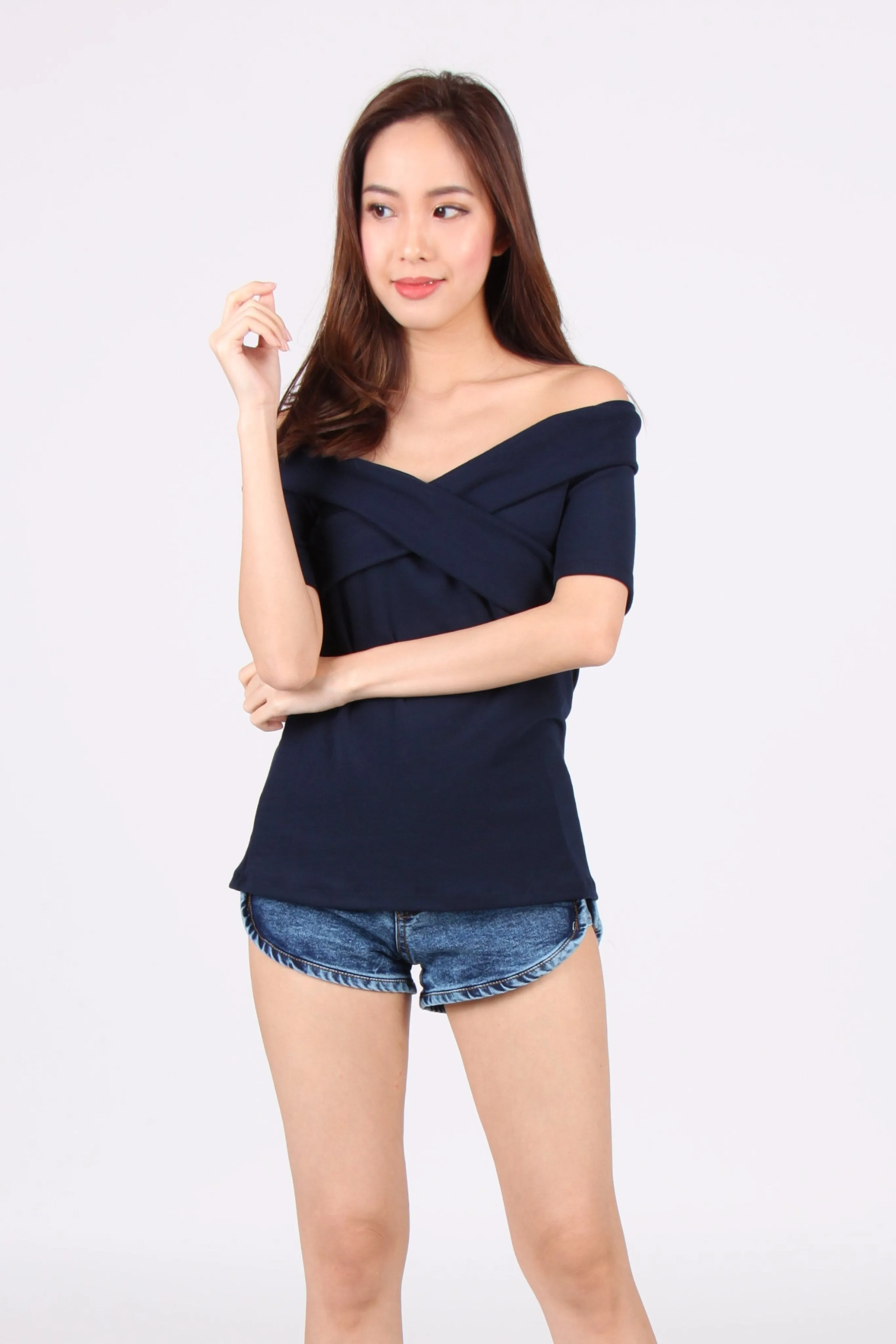 Cross Off Shoulder Top in Navy Blue