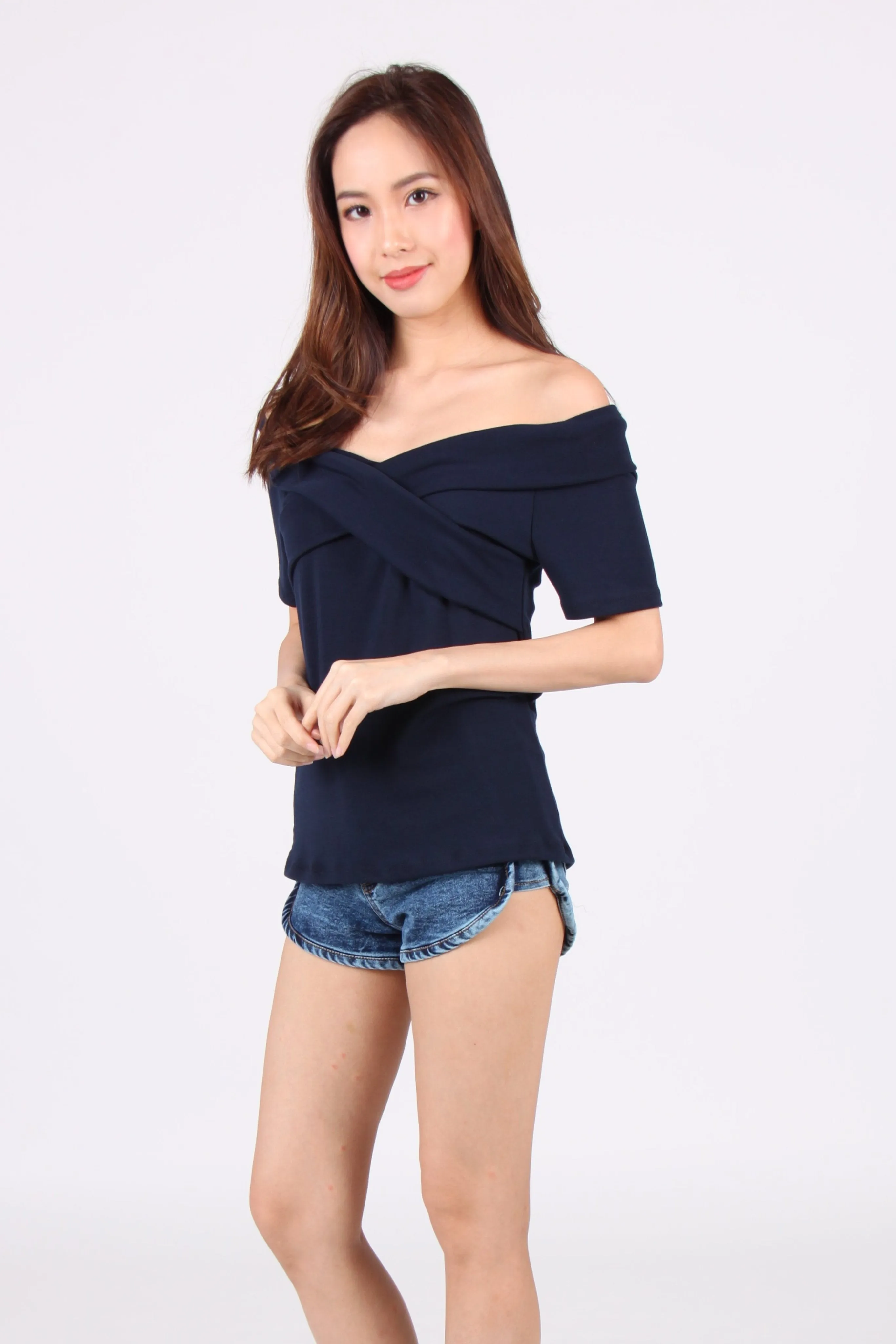 Cross Off Shoulder Top in Navy Blue