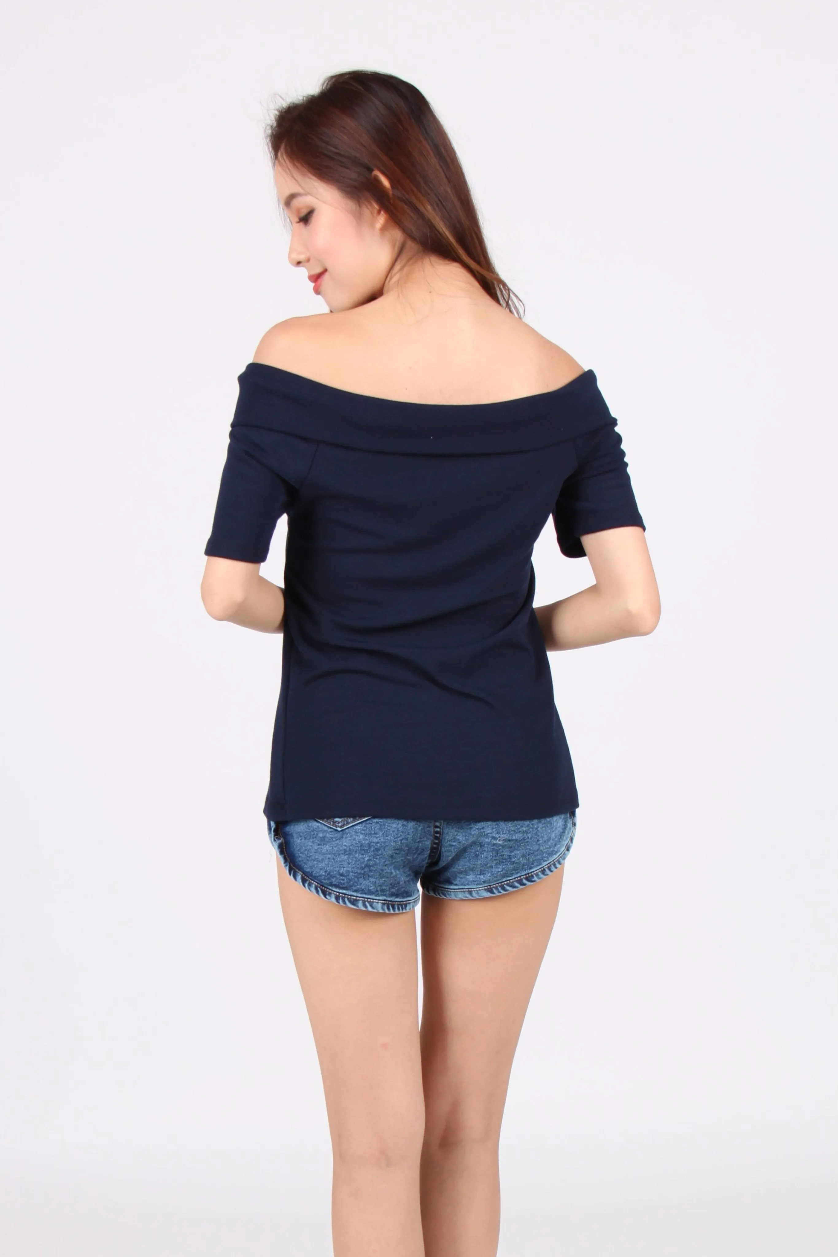 Cross Off Shoulder Top in Navy Blue