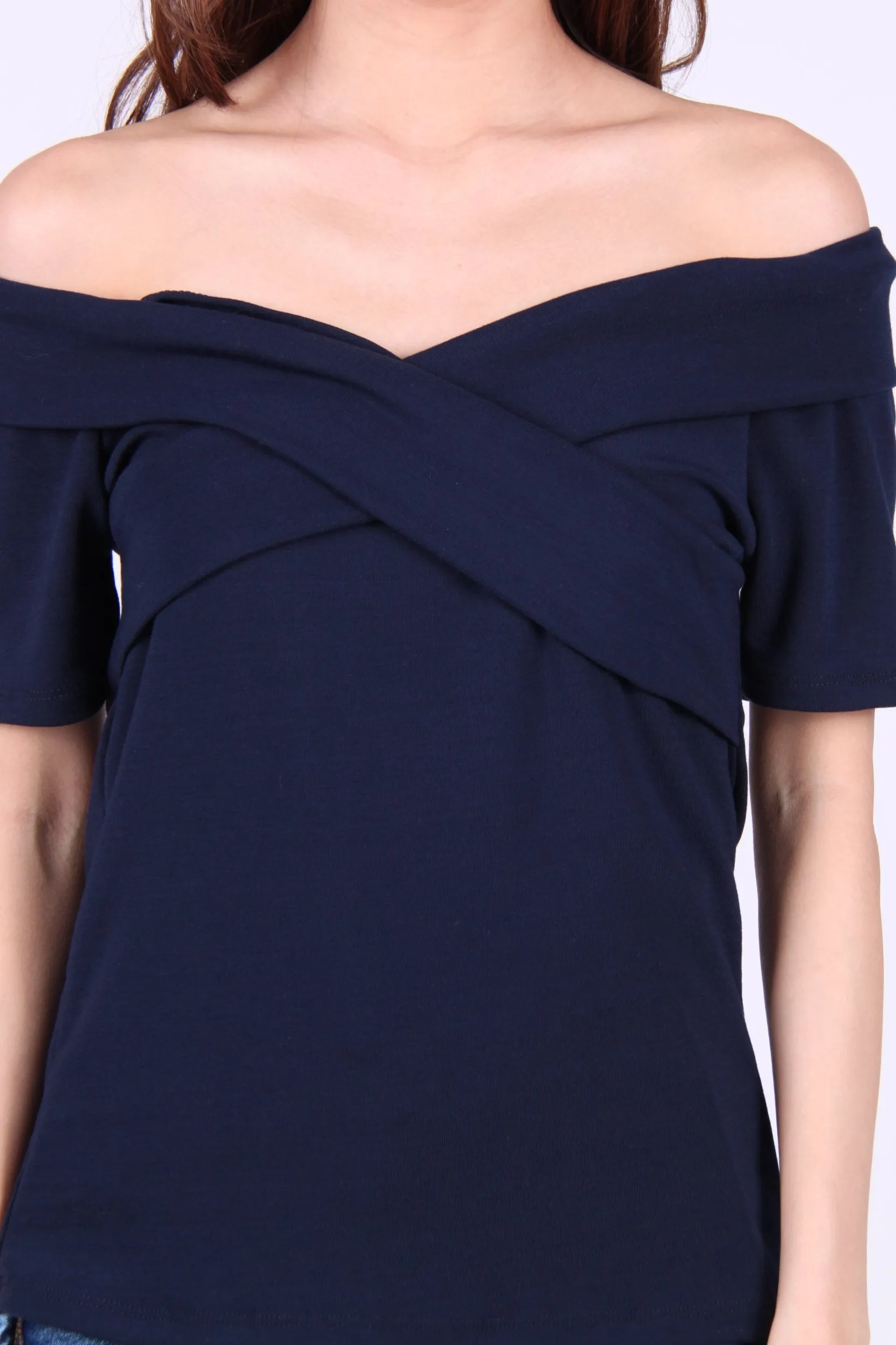 Cross Off Shoulder Top in Navy Blue