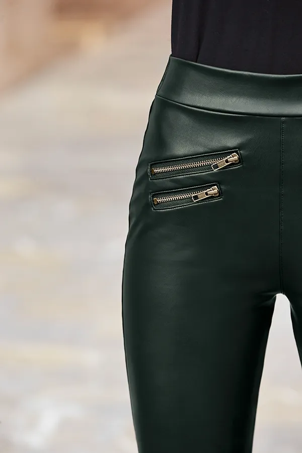 Dark Green Leather Look Premium Leggings