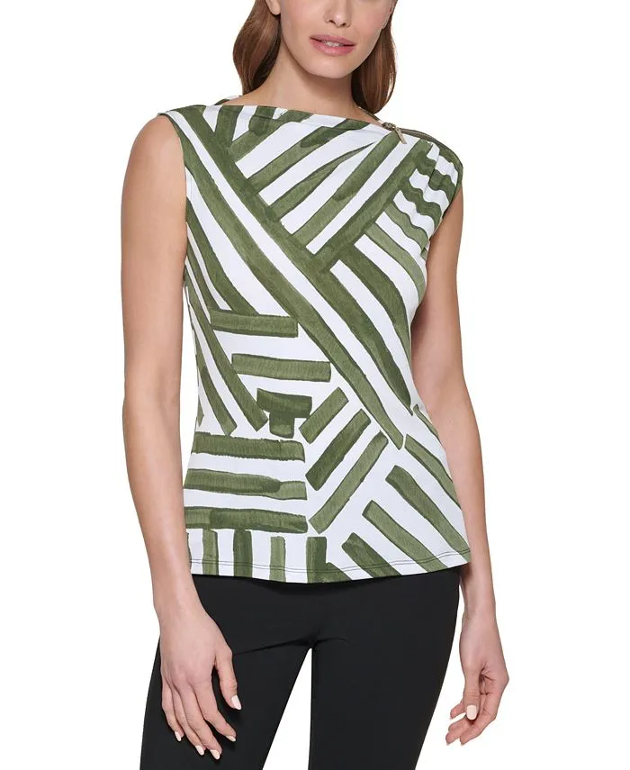 DKNY Women's Mixed Stripe Top Green Size Small