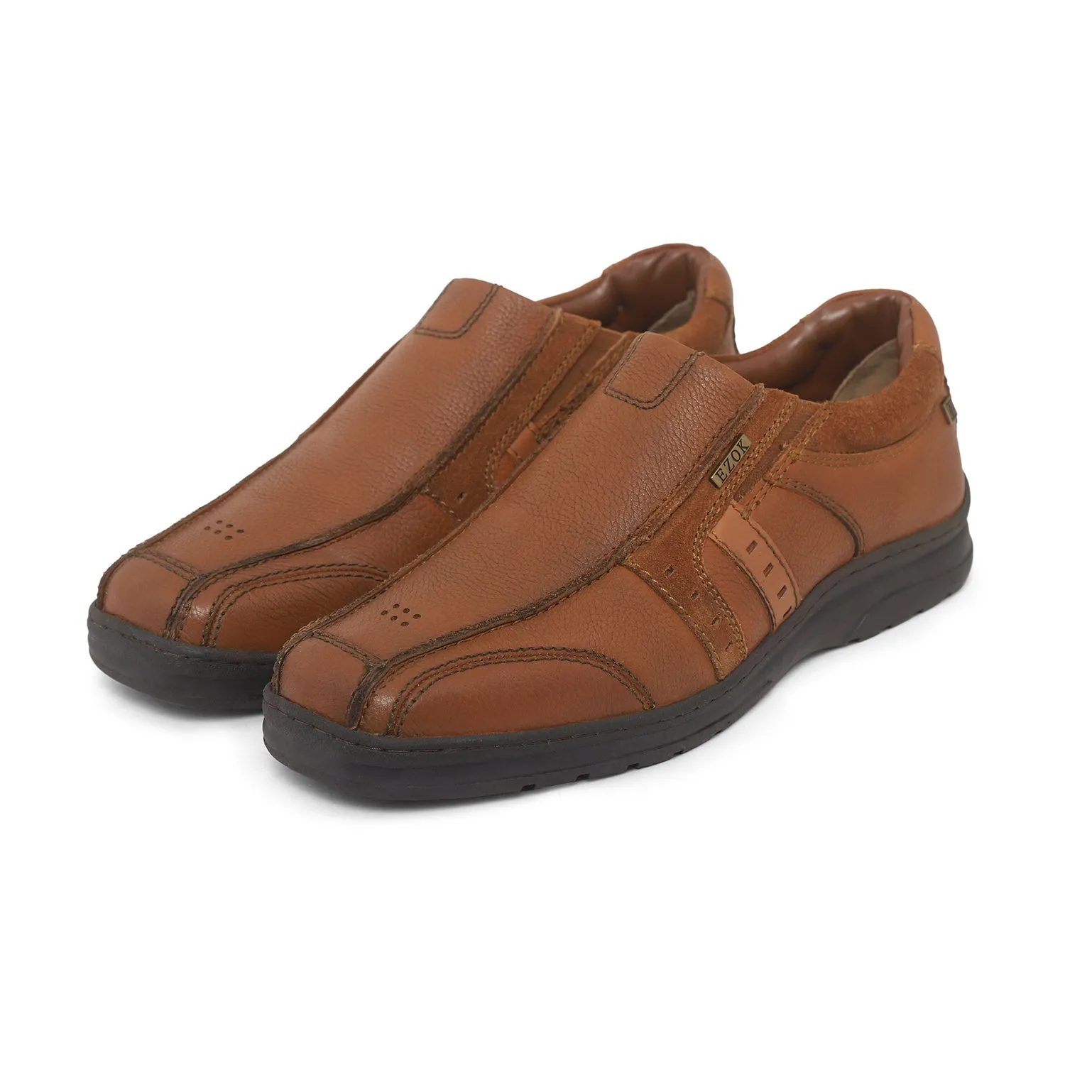 Ezok Men Tan Genuine Leather Slip-Ons Shoes