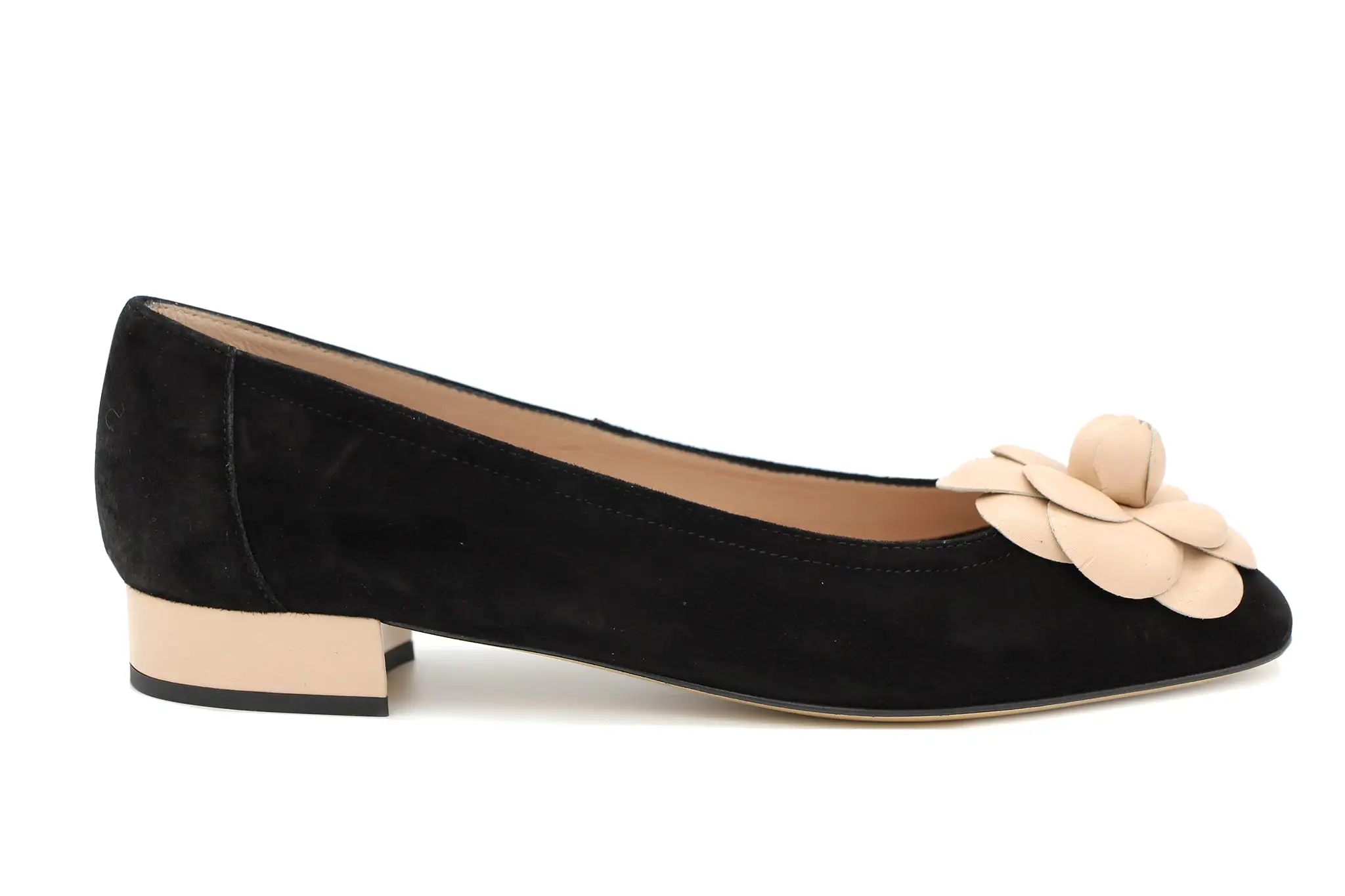 FABUCCI Black Suede Ballet Flat with contrast Flower