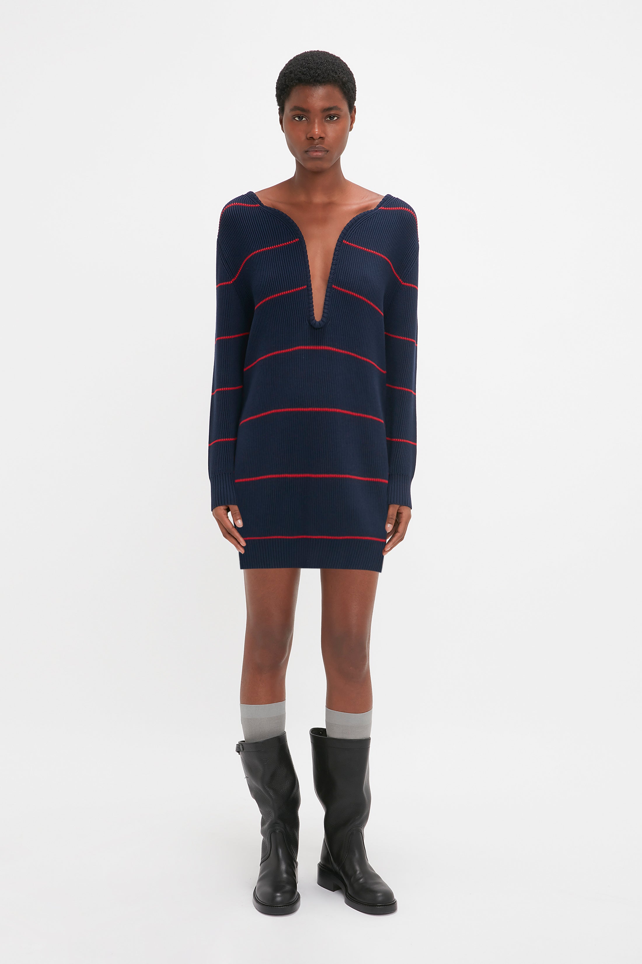 Frame Detail Jumper Dress In Navy-Red