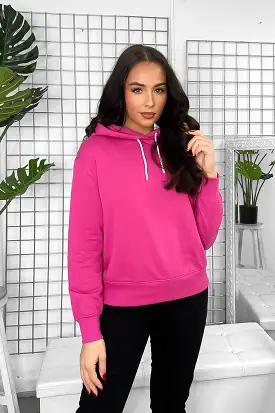 Fuchsia Cotton Blend Hoodie With Contrast String