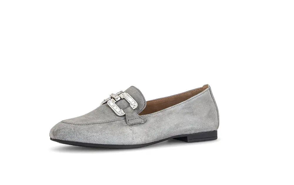 GABOR Grey Suede Loafer with Diamante Buckle 21019