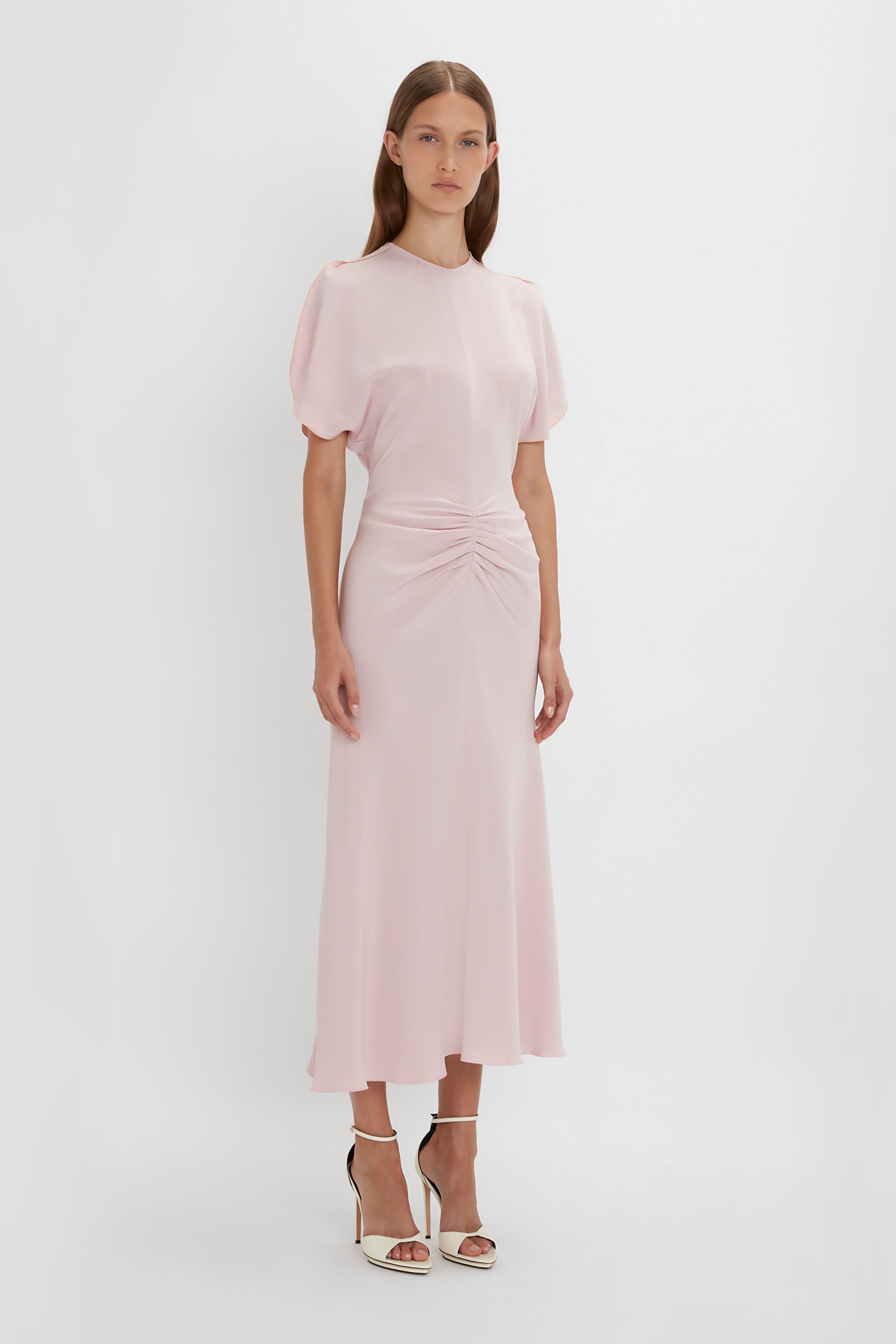 Gathered Waist Midi Dress In Blush