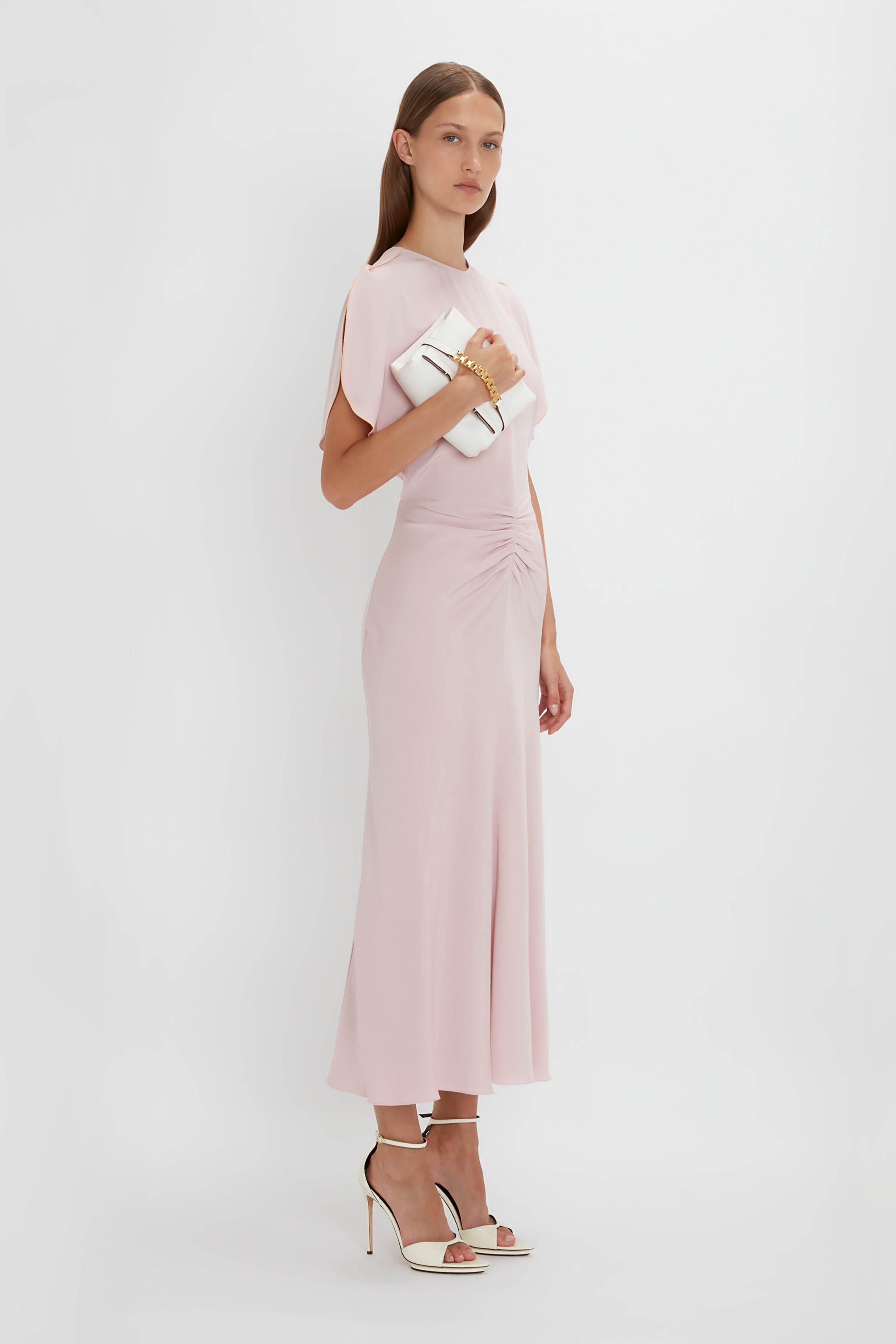 Gathered Waist Midi Dress In Blush