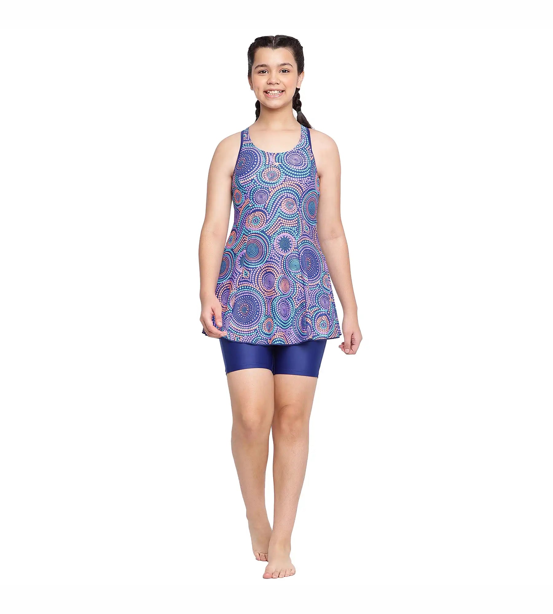 Girl's Endurance Printed Swimdress With Boyleg - Ammonite & Soft Coral