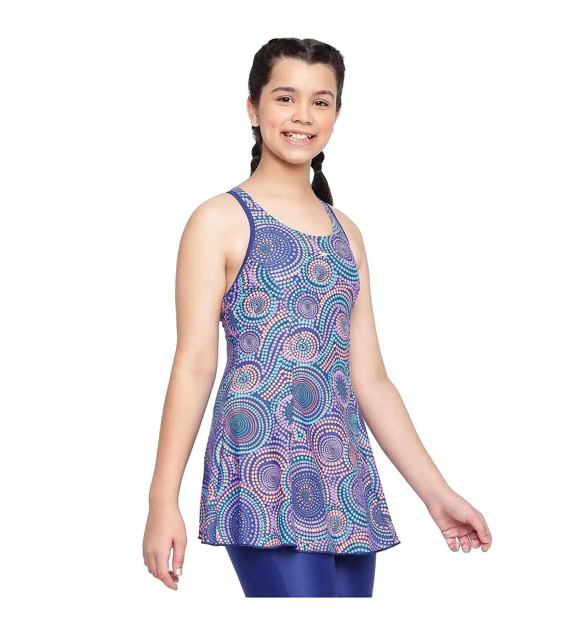 Girl's Endurance Printed Swimdress With Boyleg - Ammonite & Soft Coral